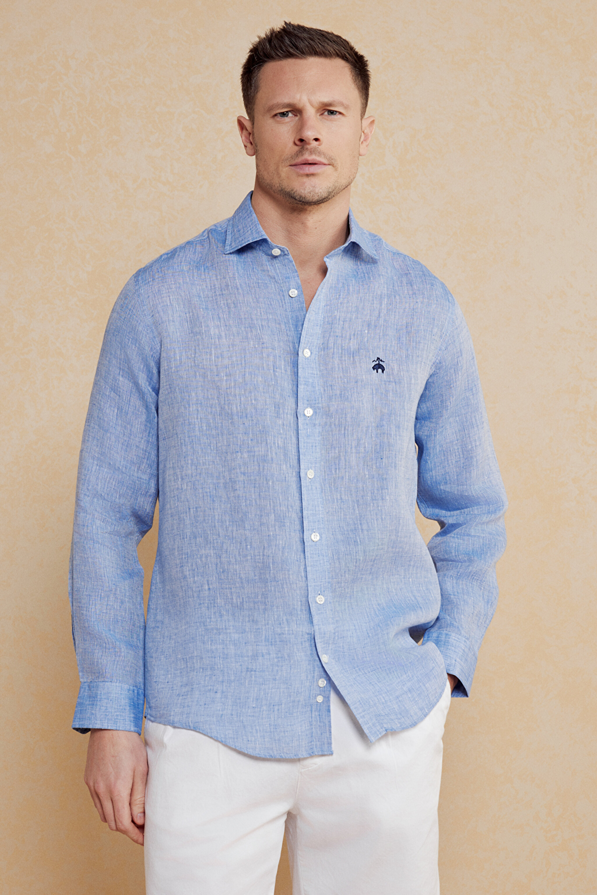 %100 Keten Düğmeli Yaka Slim Fit Gömlek - Mavi