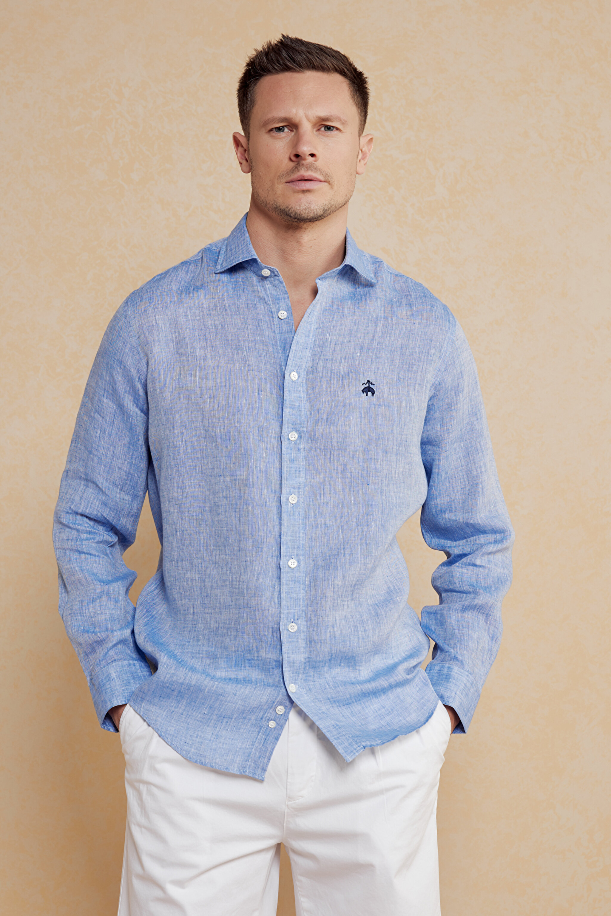 %100 Keten Düğmeli Yaka Slim Fit Gömlek - Mavi (görsel 2)