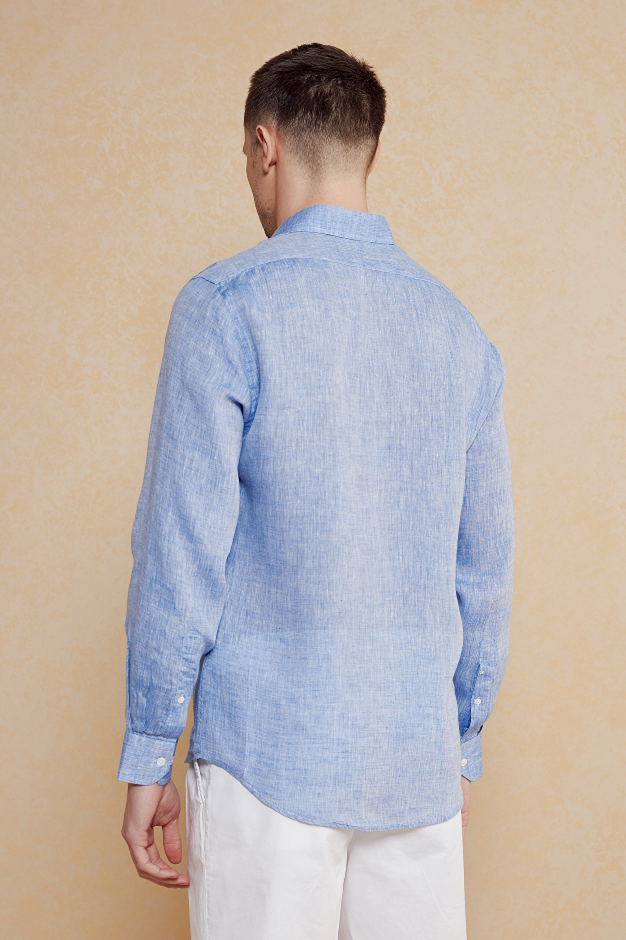 %100 Keten Düğmeli Yaka Slim Fit Gömlek - Mavi (görsel 5)