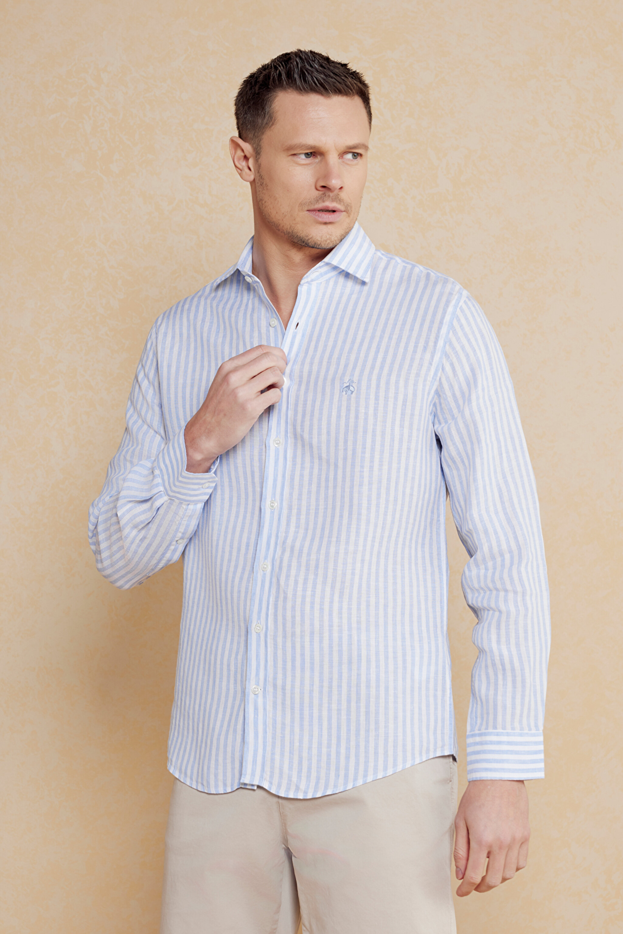 %100 Keten İtalyan Yak Slim Fit Çizgili Gömlek - Mavi-Beyaz Çizgili (görsel 2)