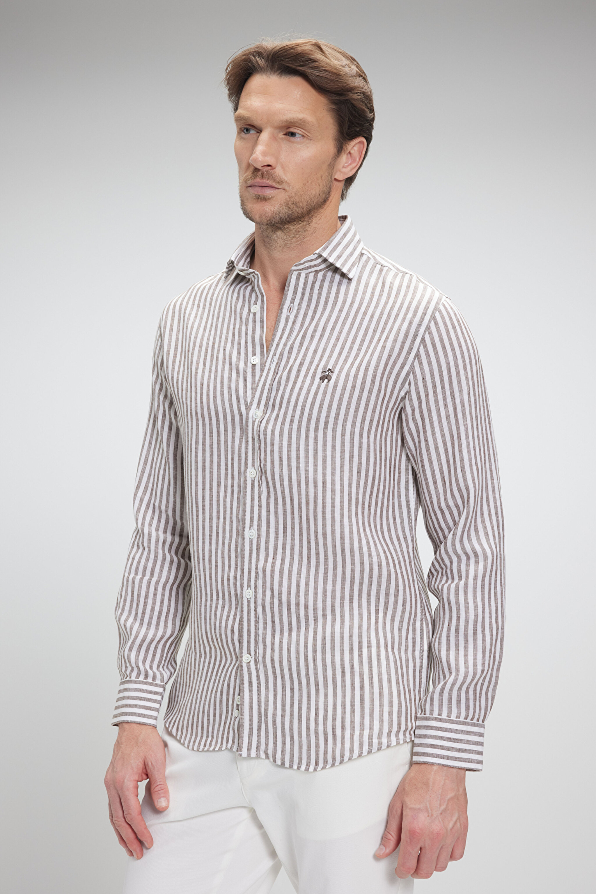 %100 Keten İtalyan Yak Slim Fit Çizgili Gömlek - Kahverengi-Beyaz Çizgili