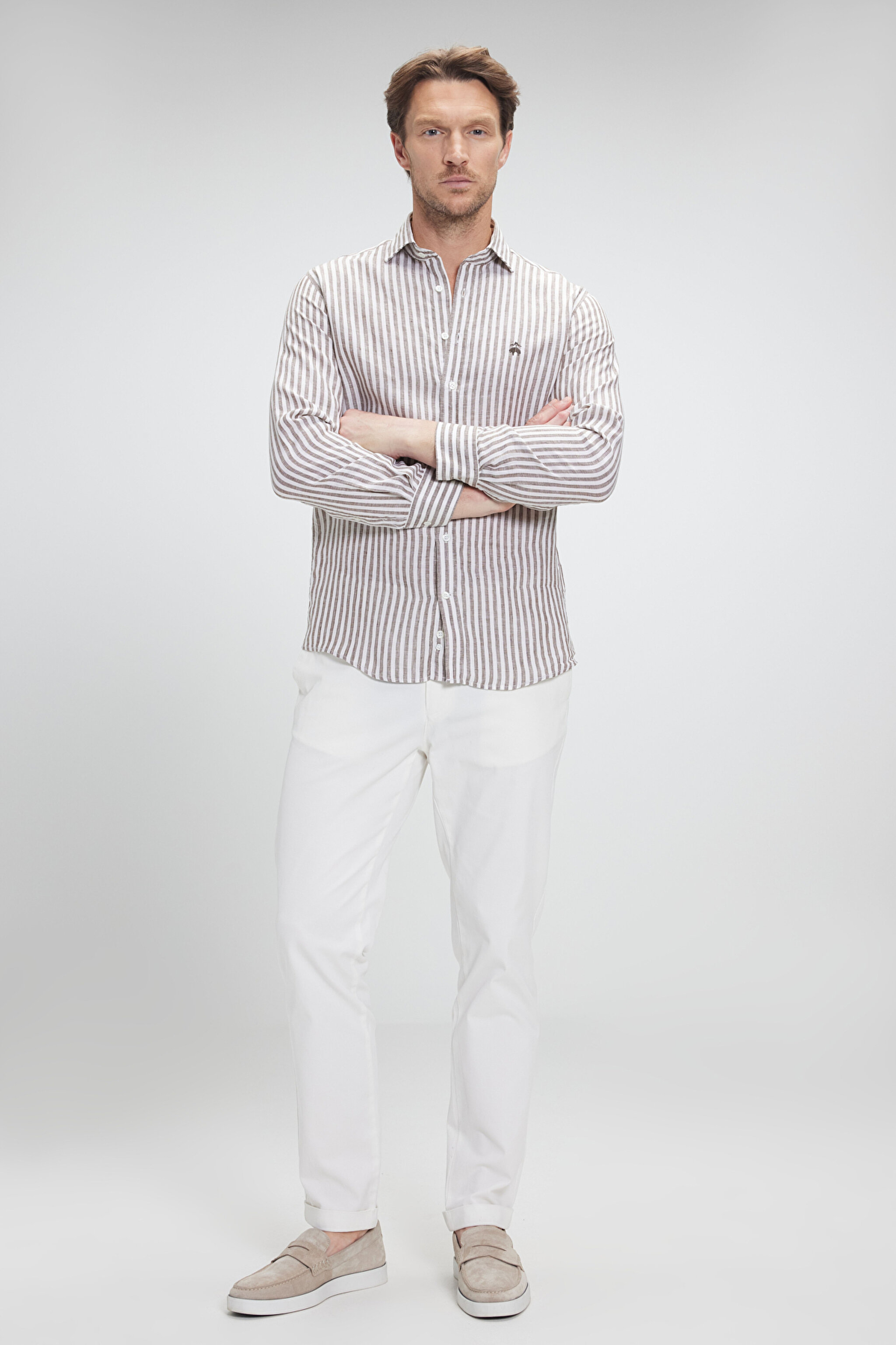 %100 Keten İtalyan Yak Slim Fit Çizgili Gömlek - Kahverengi-Beyaz Çizgili (görsel 2)