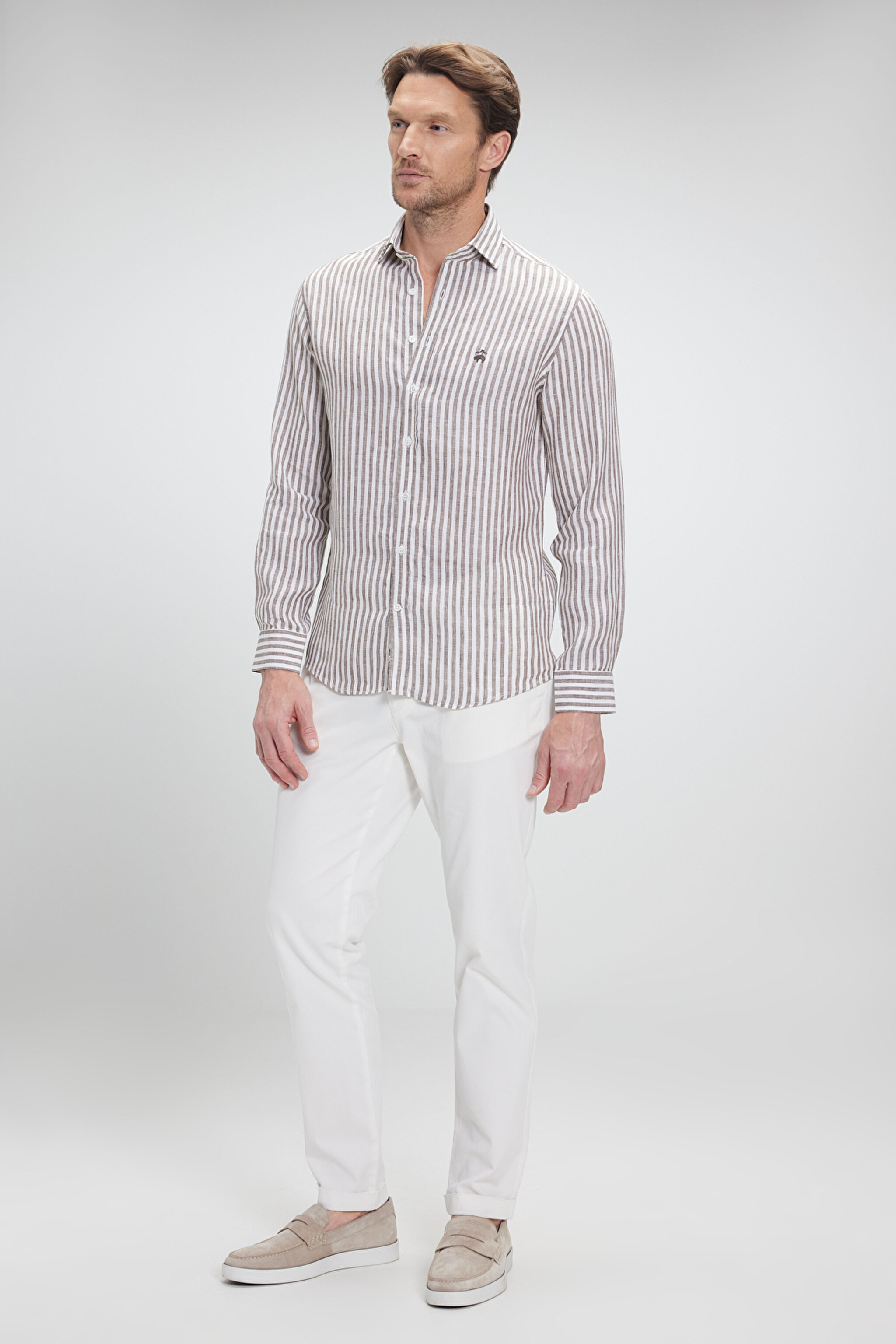 %100 Keten İtalyan Yak Slim Fit Çizgili Gömlek - Kahverengi-Beyaz Çizgili (görsel 3)