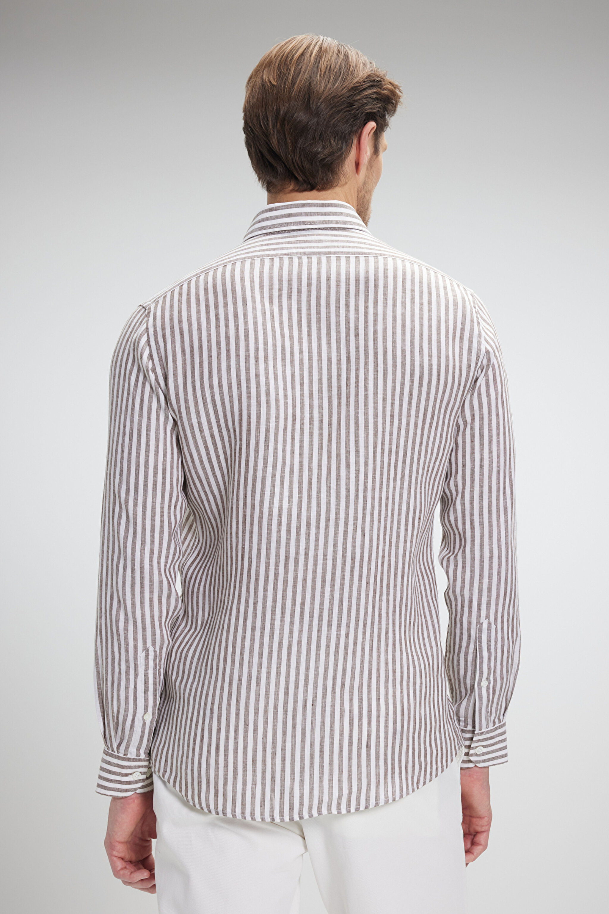 %100 Keten İtalyan Yak Slim Fit Çizgili Gömlek - Kahverengi-Beyaz Çizgili (görsel 5)