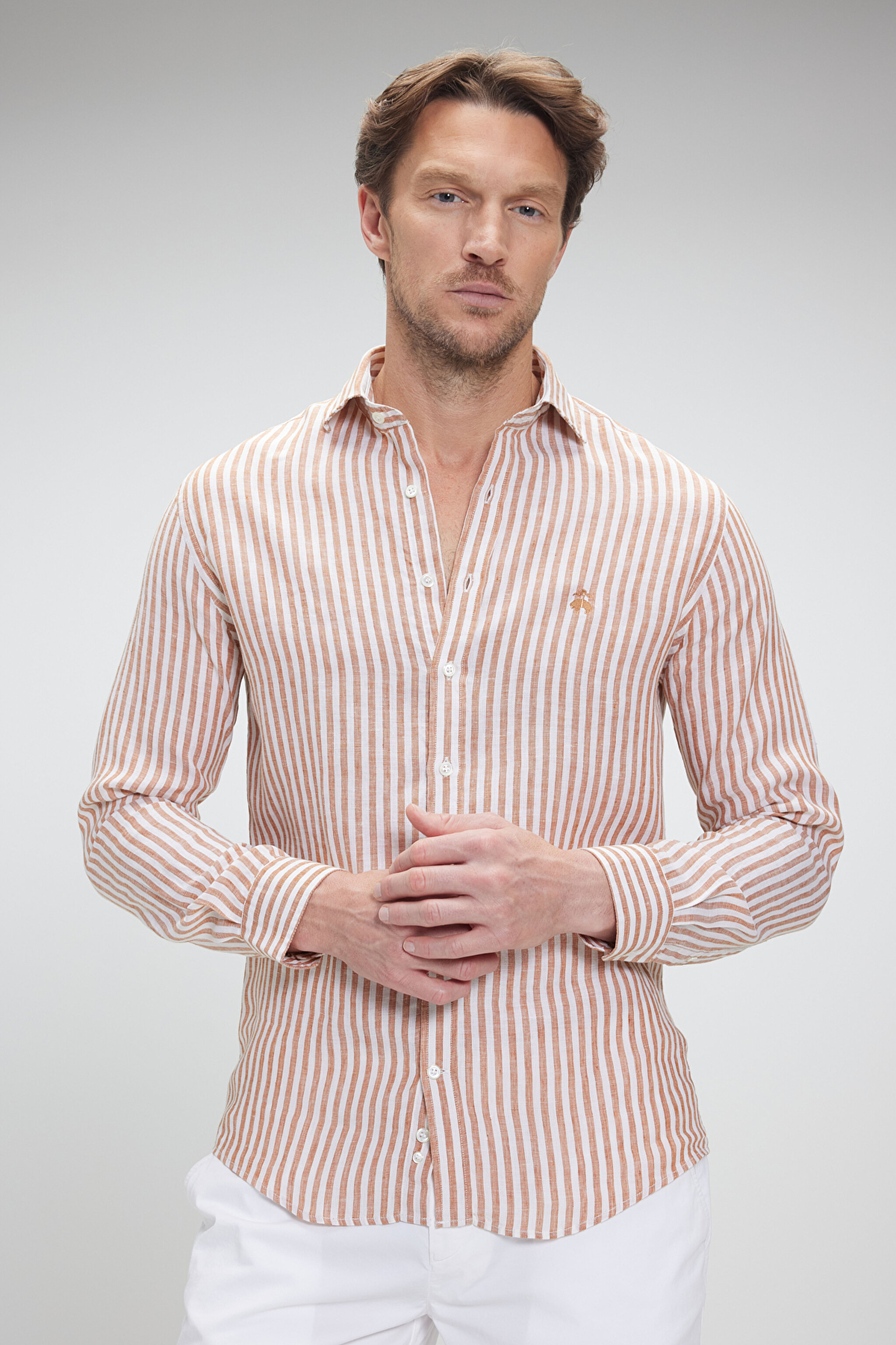 %100 Keten İtalyan Yak Slim Fit Çizgili Gömlek - Turuncu-Beyaz Çizgili