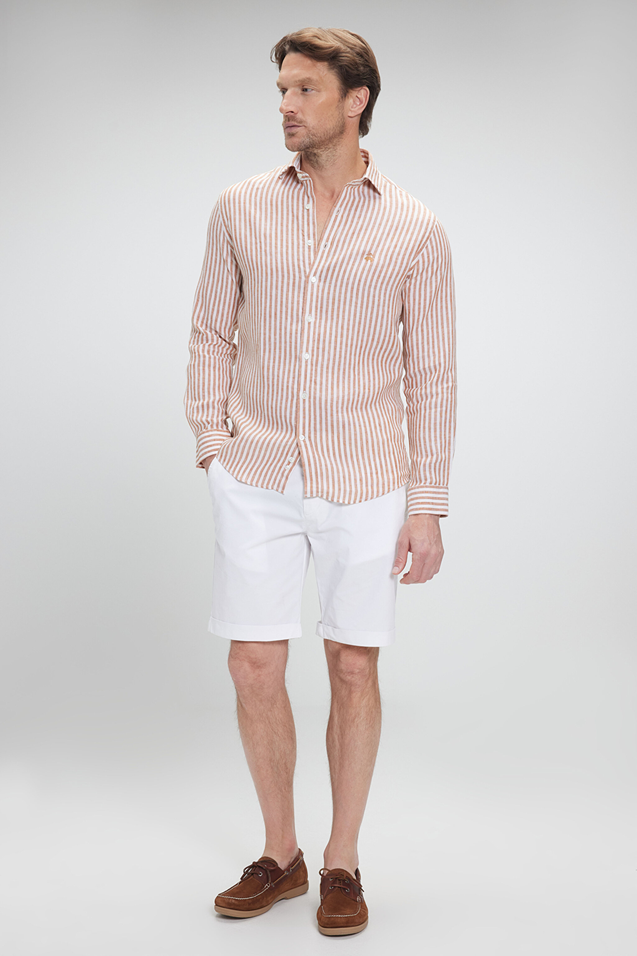 %100 Keten İtalyan Yak Slim Fit Çizgili Gömlek - Turuncu-Beyaz Çizgili (görsel 3)