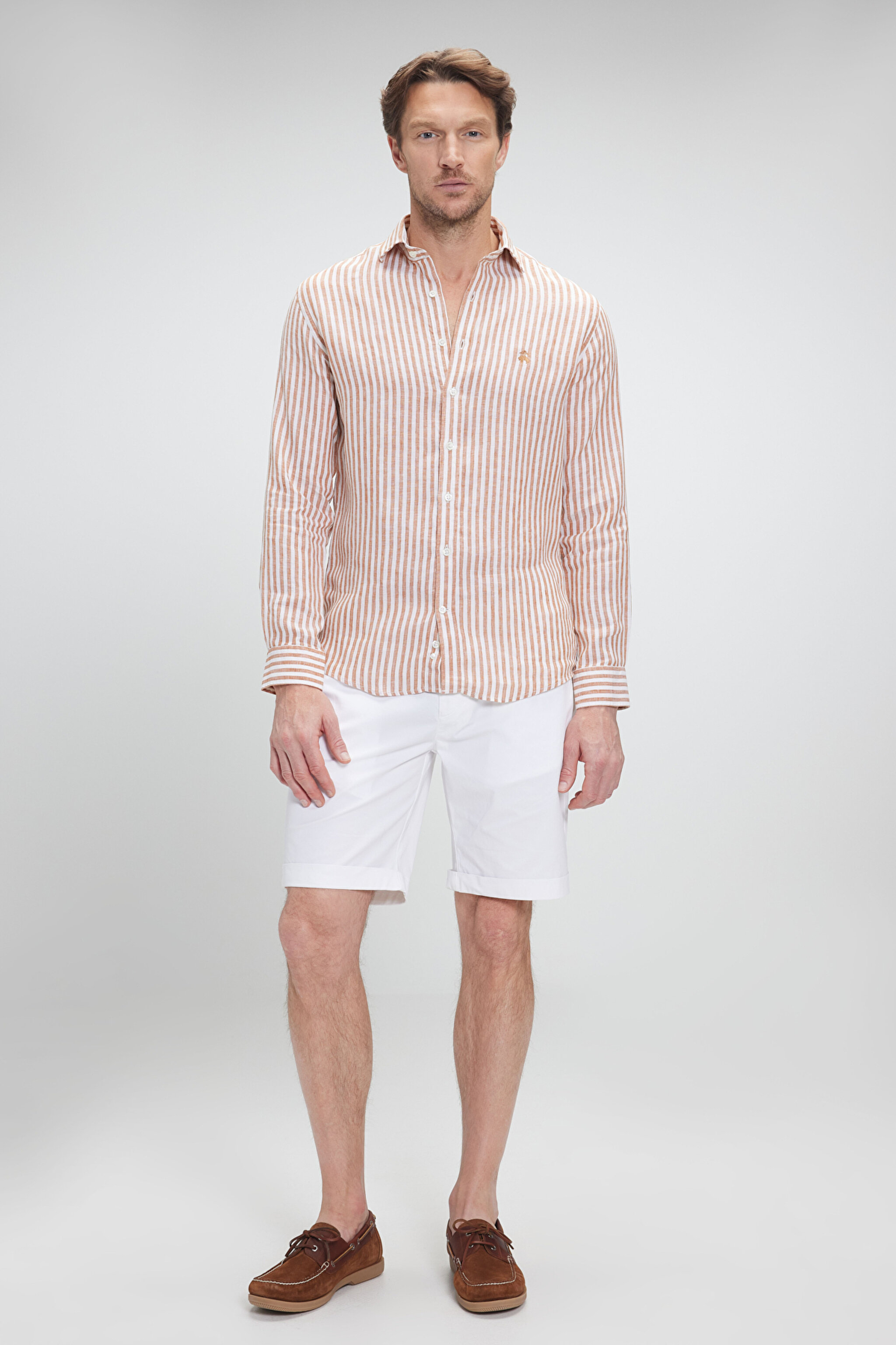 %100 Keten İtalyan Yak Slim Fit Çizgili Gömlek - Turuncu-Beyaz Çizgili (görsel 4)