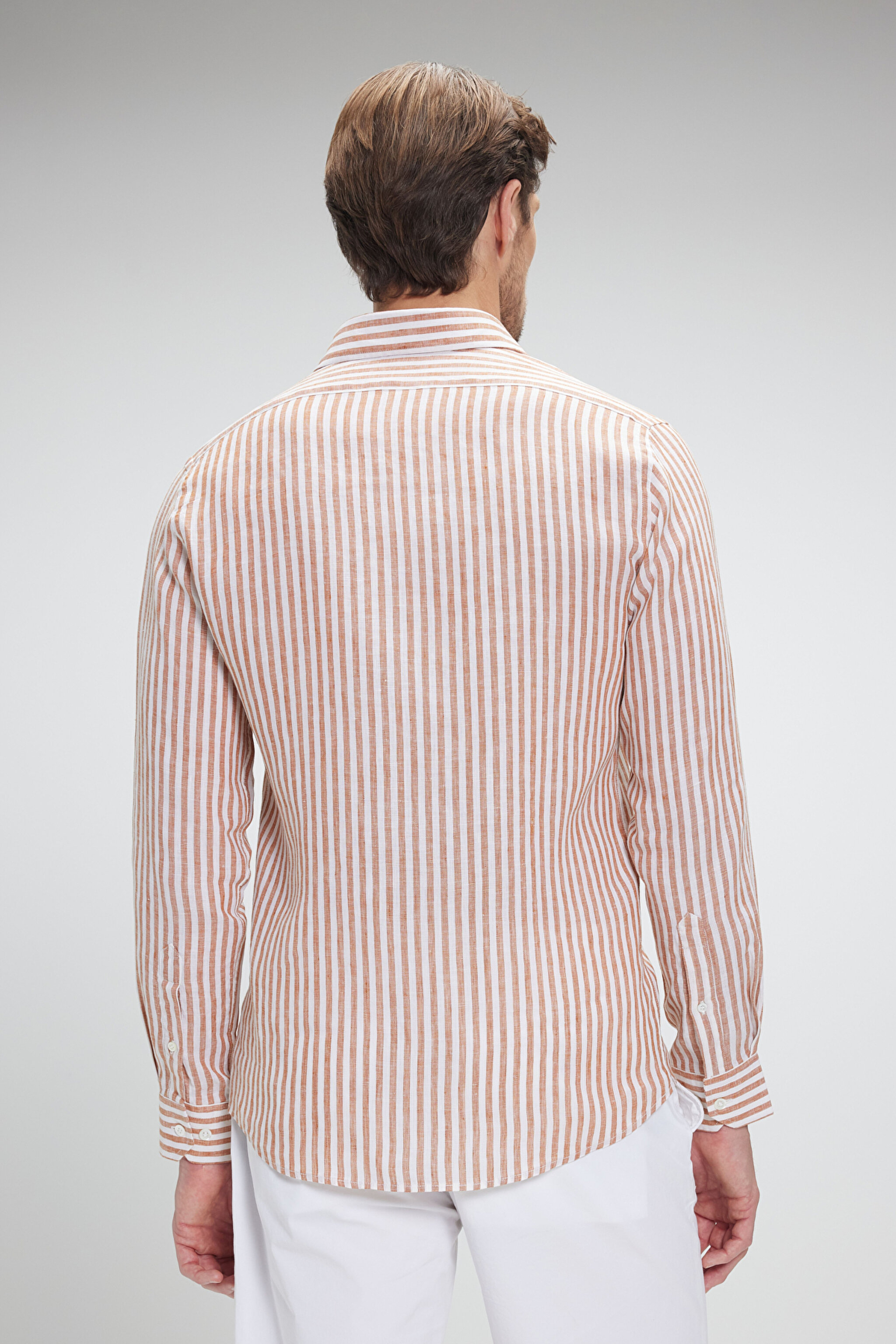 %100 Keten İtalyan Yak Slim Fit Çizgili Gömlek - Turuncu-Beyaz Çizgili (görsel 6)