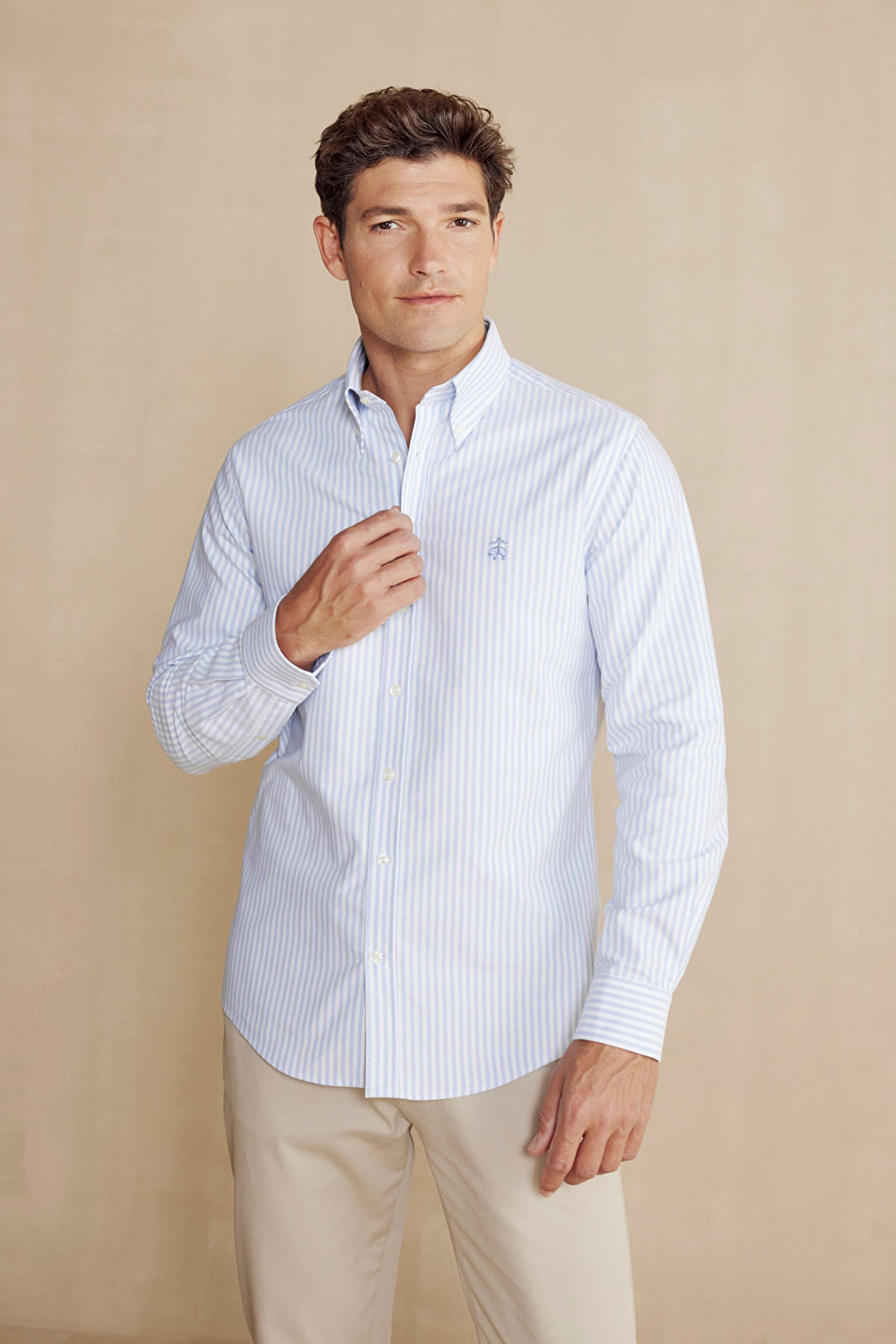 %100 Keten Düğmeli Yaka Slim Fit Çizgili Gömlek - Mavi-Beyaz Çizgili (görsel 2)