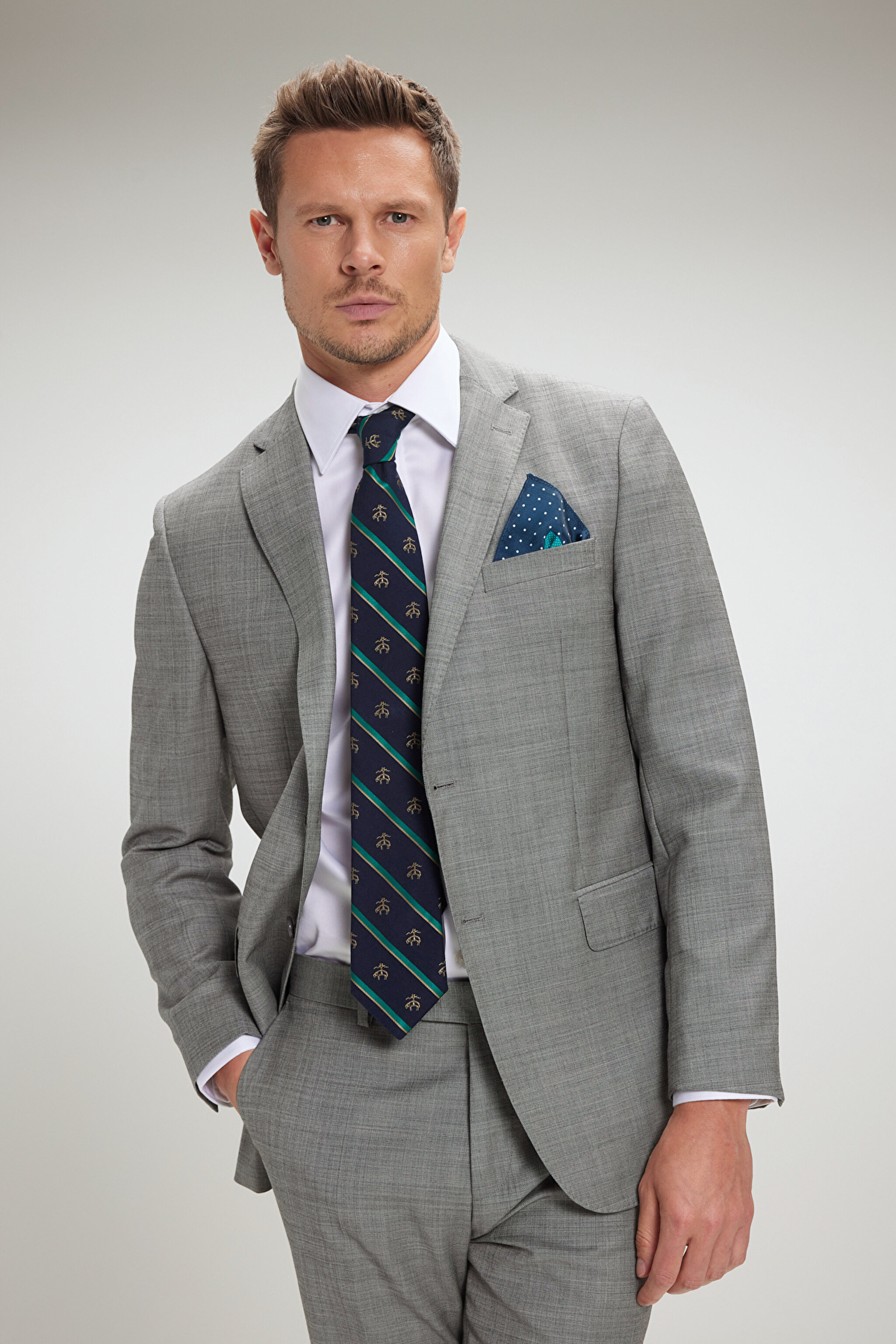 %100 Yün Mono Yaka Slim Fit Takım Elbise - Gri (görsel 2)