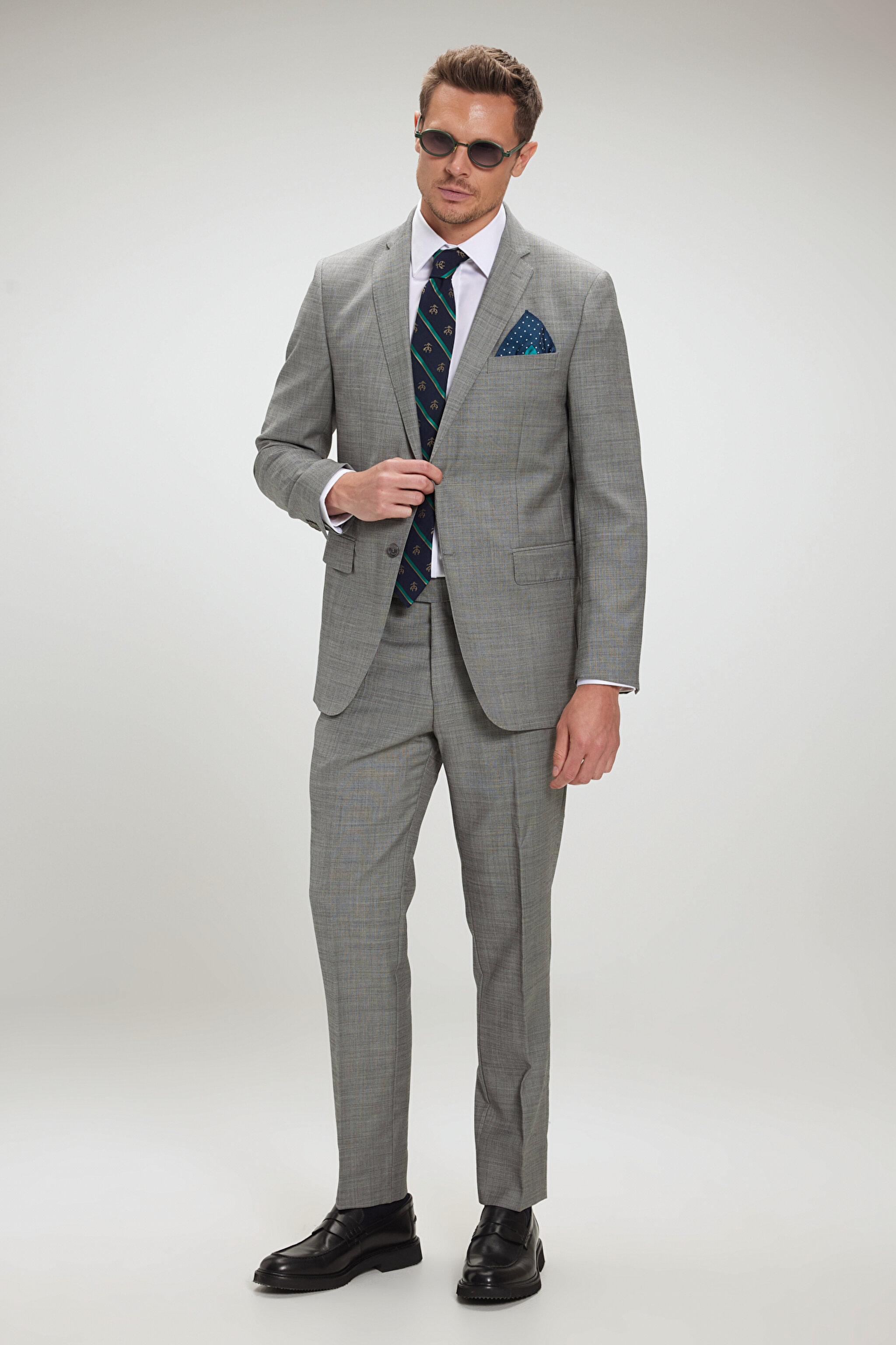 %100 Yün Mono Yaka Slim Fit Takım Elbise - Gri (görsel 3)