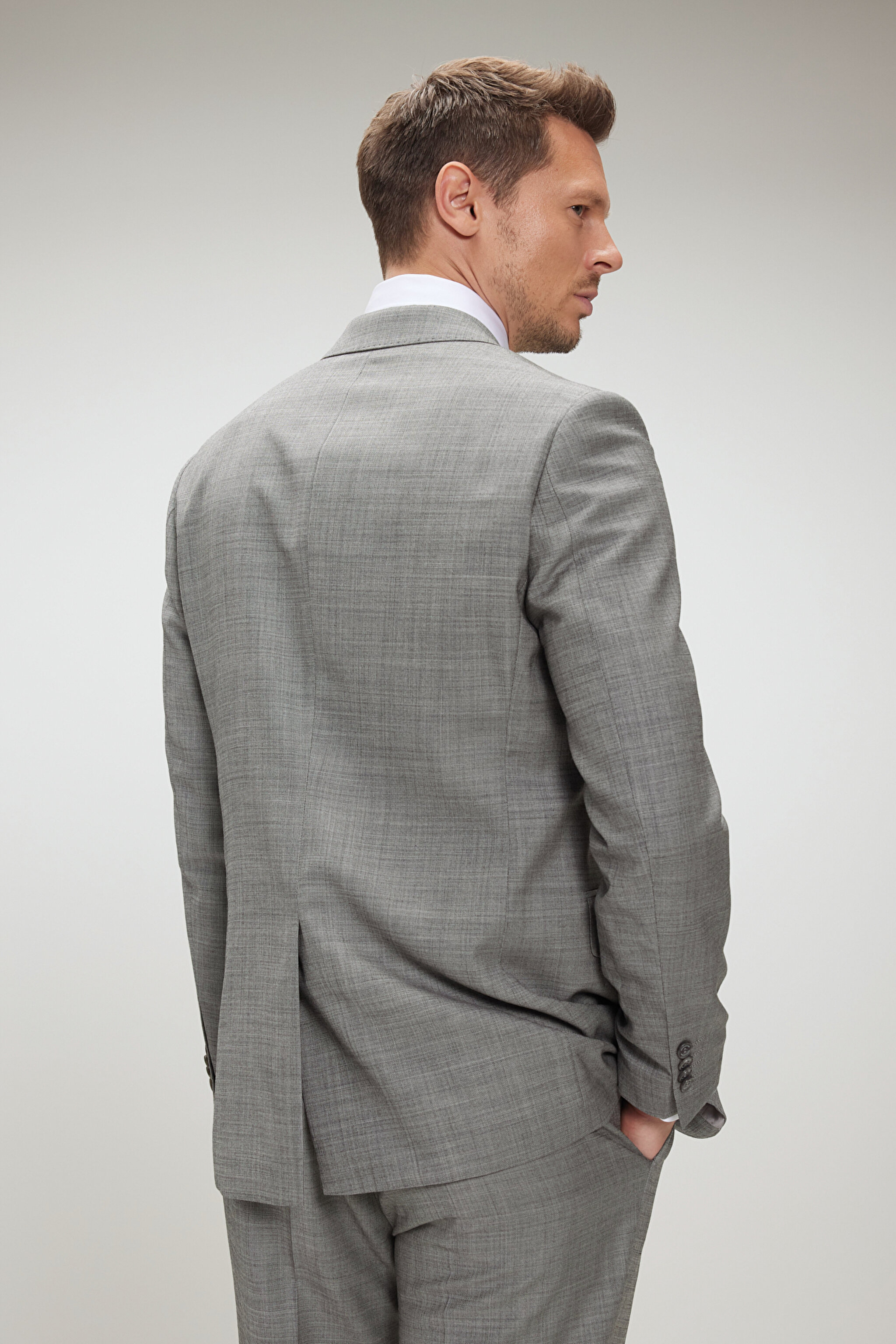 %100 Yün Mono Yaka Slim Fit Takım Elbise - Gri (görsel 5)