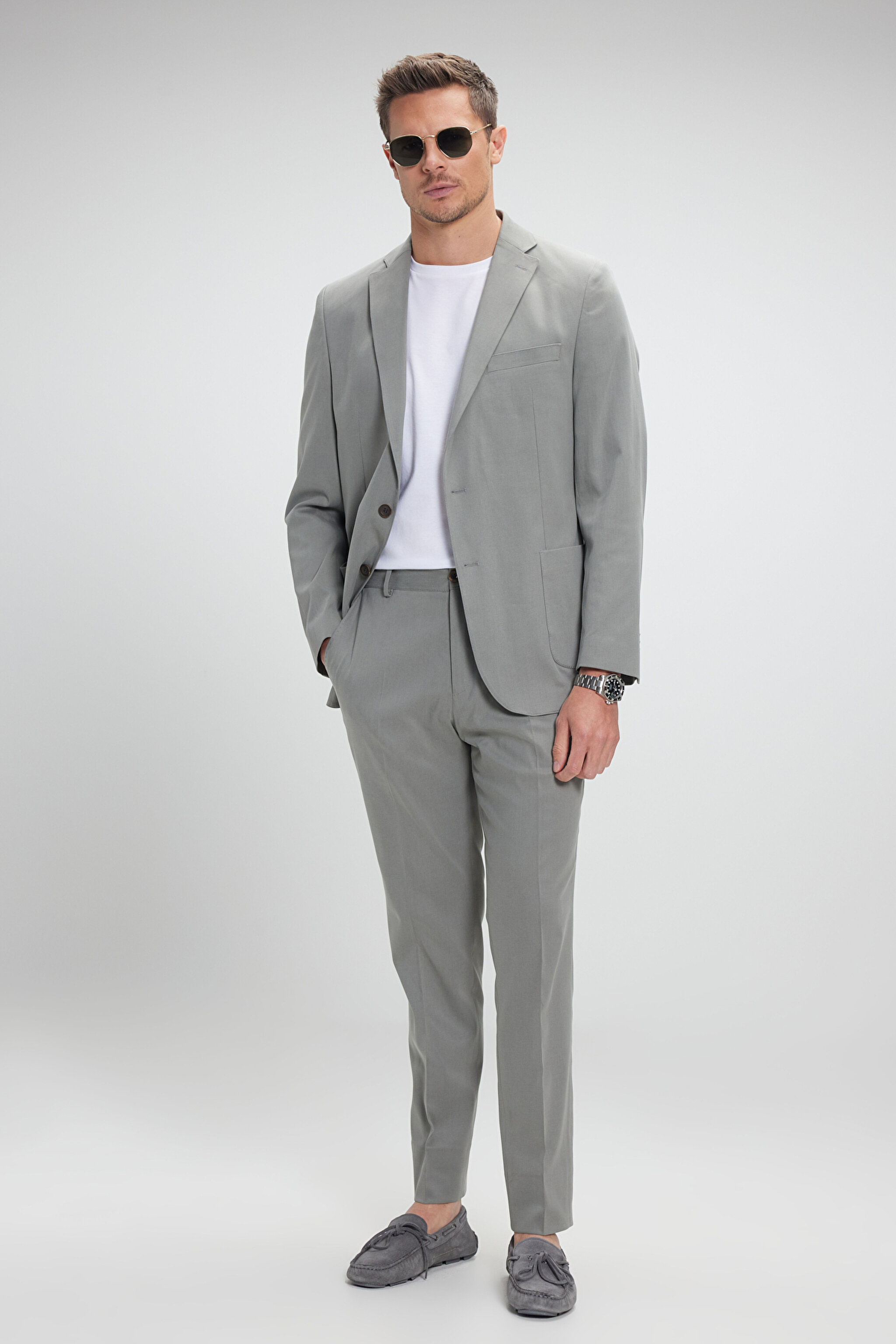 Tencel Pamuk Karışımlı Mono Yaka Slim Fit Takım Elbise - Haki (görsel 3)