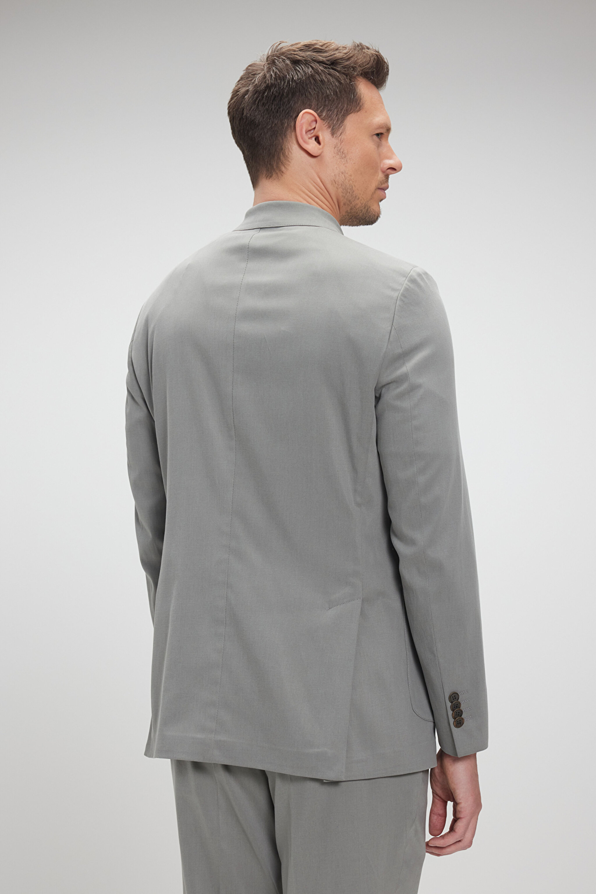 Tencel Pamuk Karışımlı Mono Yaka Slim Fit Takım Elbise - Haki (görsel 5)