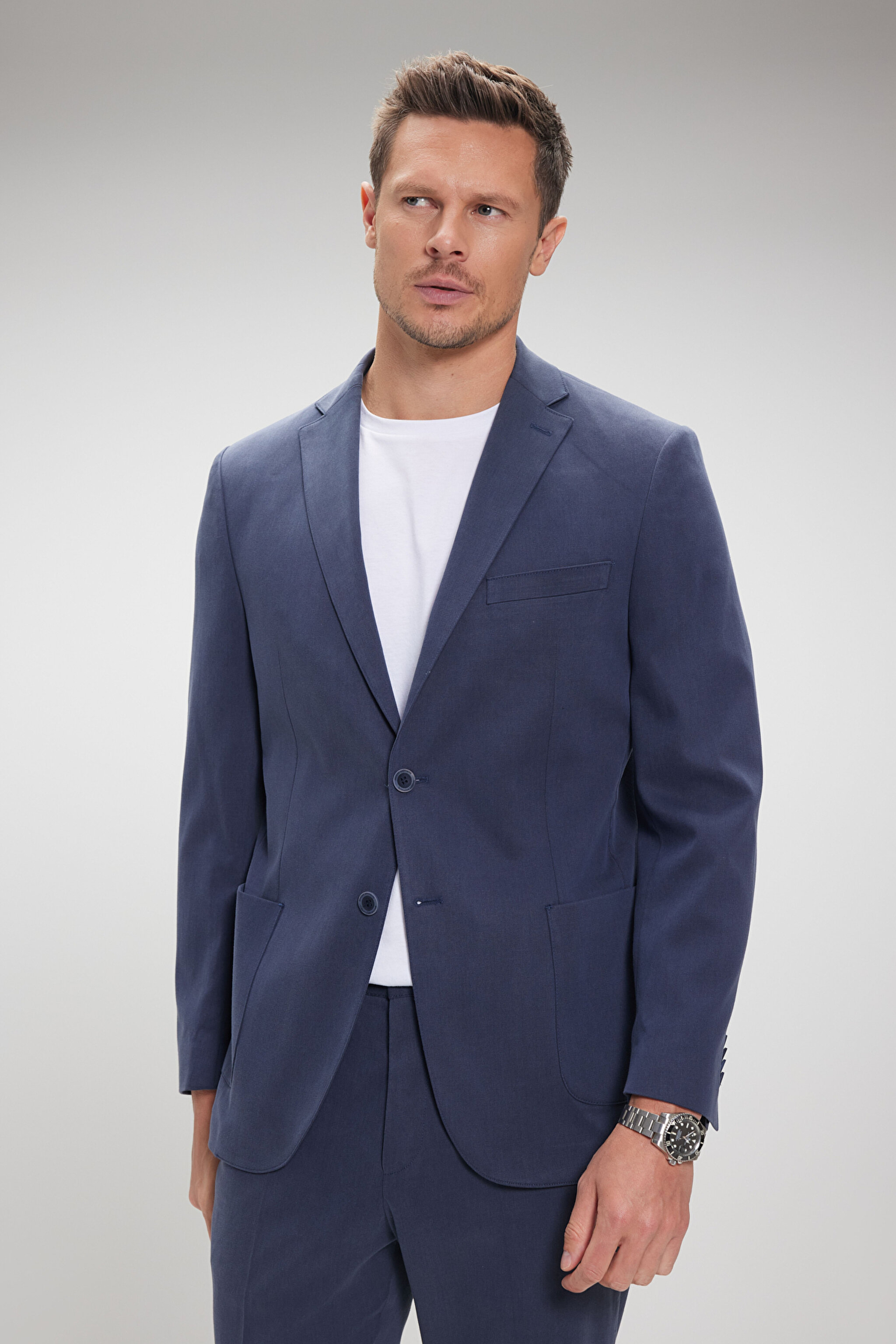 Tencel Pamuk Karışımlı Mono Yaka Slim Fit Takım Elbise - Lacivert (görsel 3)