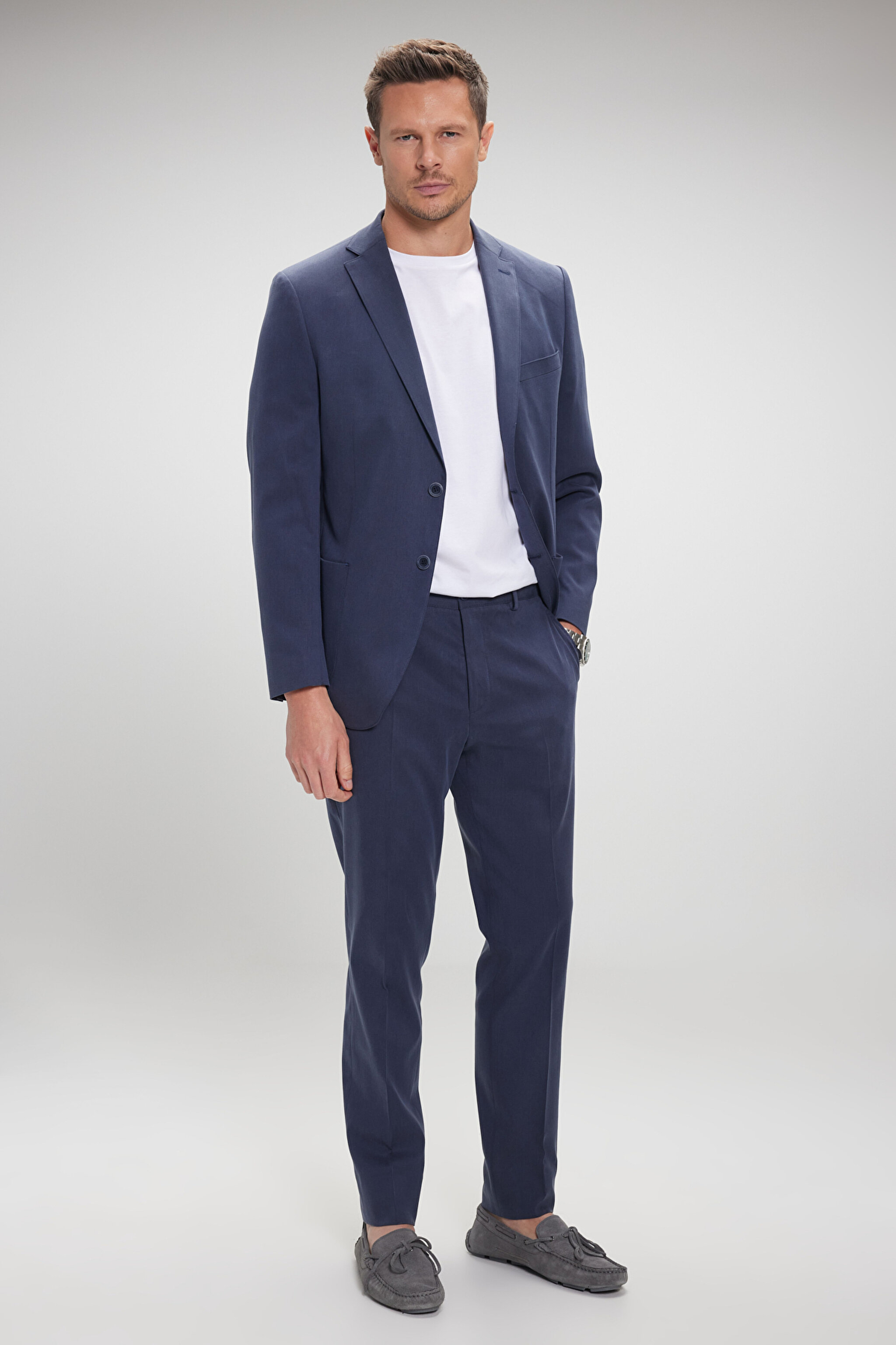 Tencel Pamuk Karışımlı Mono Yaka Slim Fit Takım Elbise - Lacivert (görsel 4)