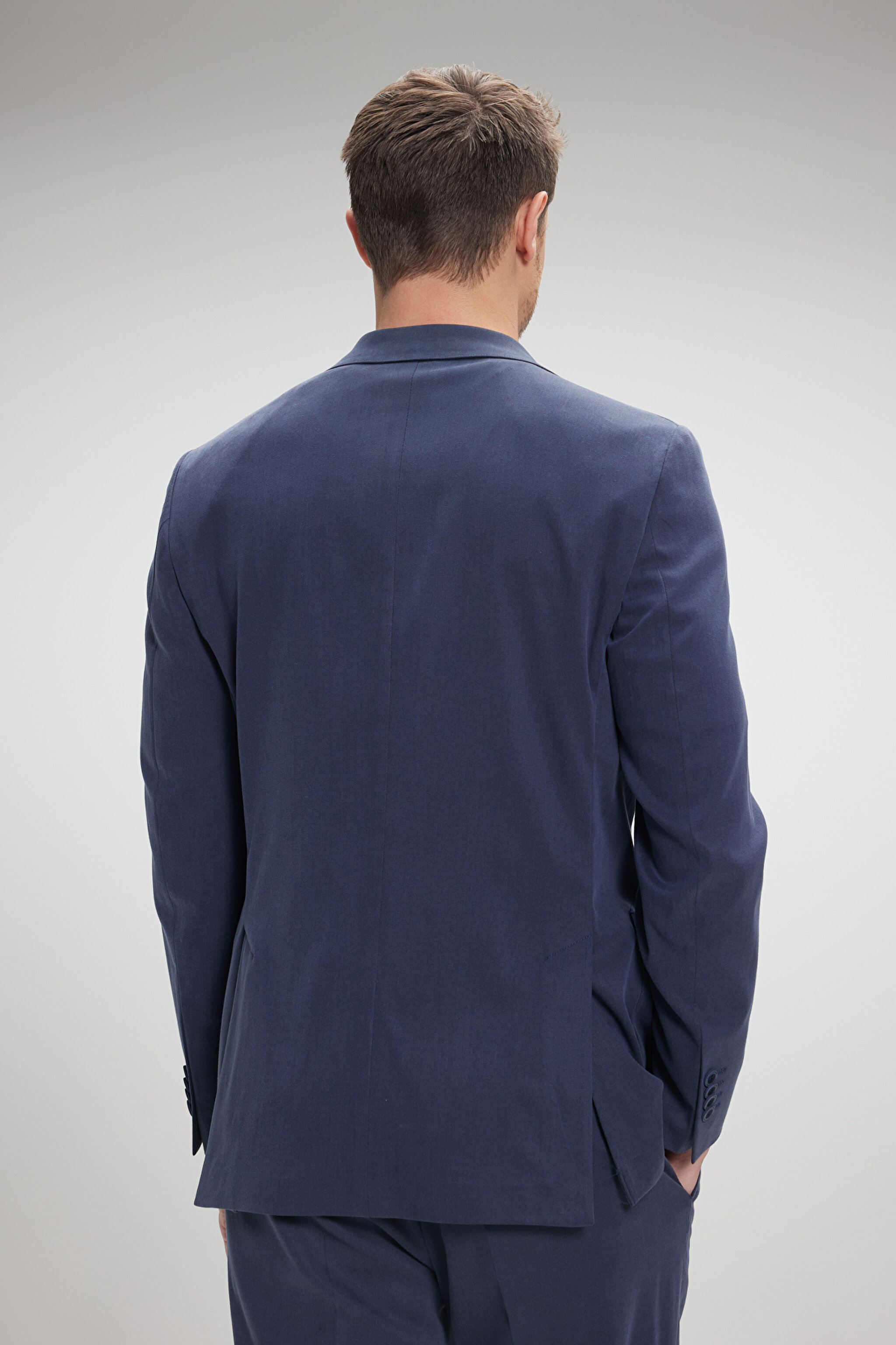 Tencel Pamuk Karışımlı Mono Yaka Slim Fit Takım Elbise - Lacivert (görsel 6)