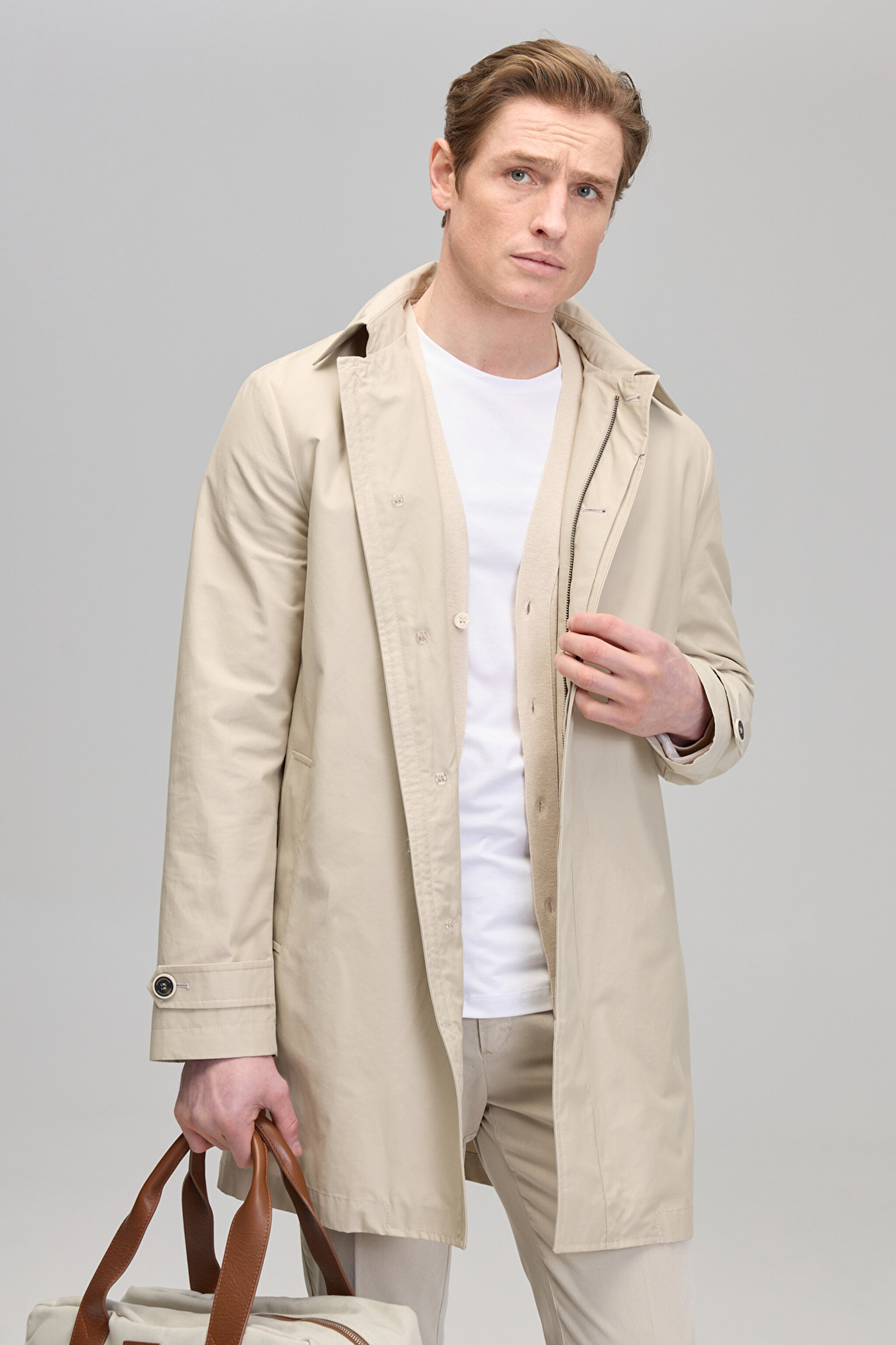 Klasik Yaka Regular Fit Erkek Trençkot - Bej