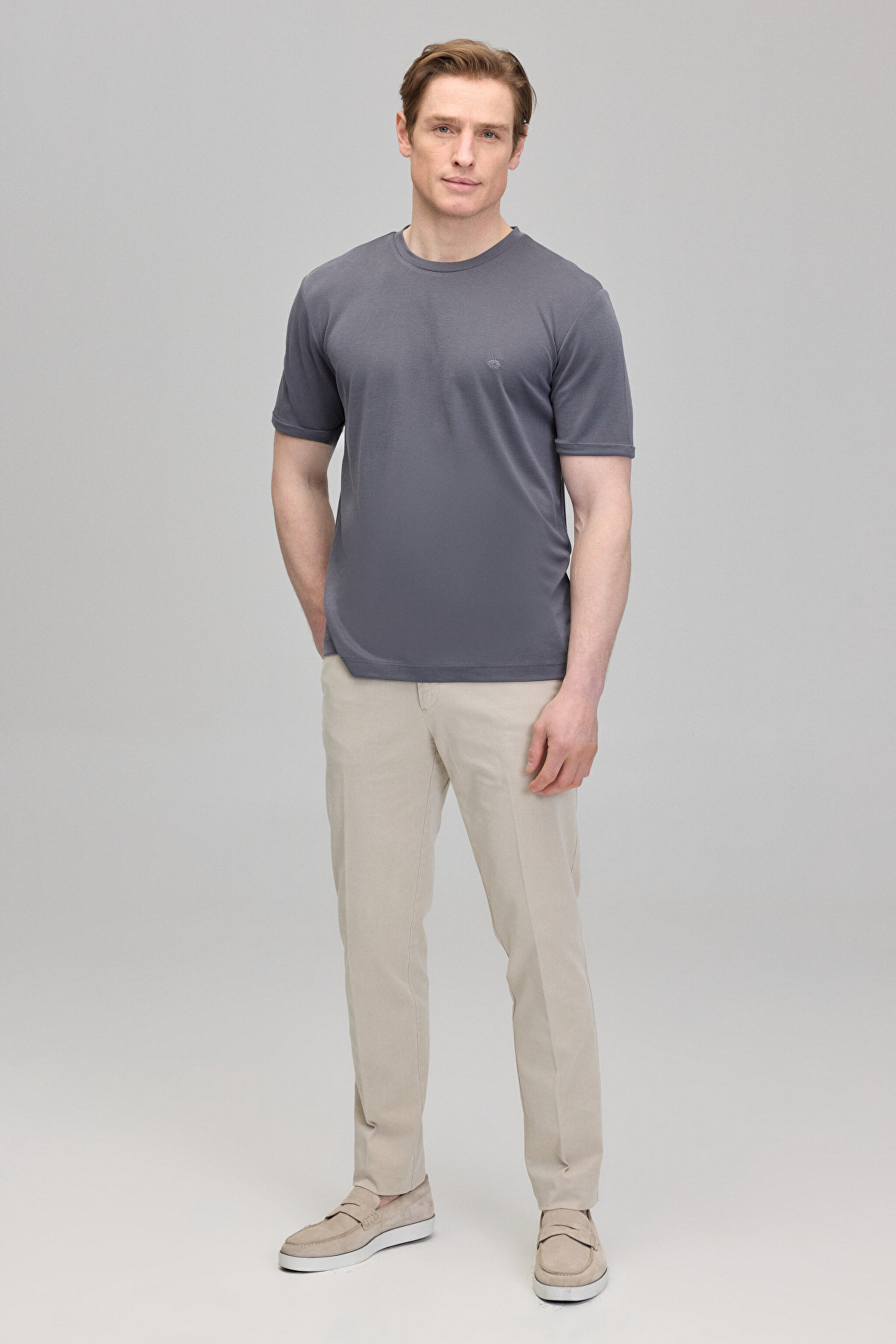Bisiklet Yaka Logo Nakışlı Basic Tshirt - Gri (görsel 3)