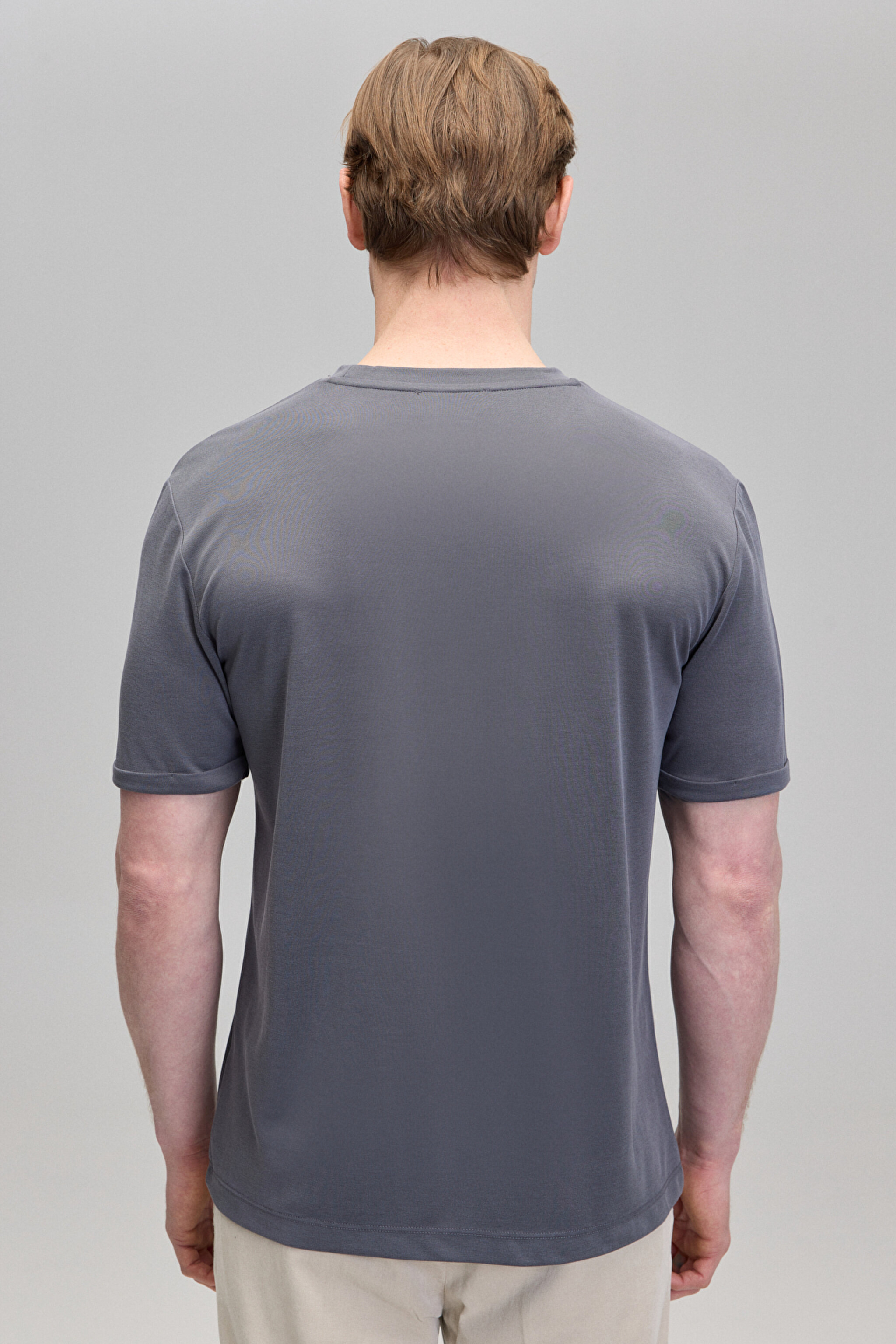 Bisiklet Yaka Logo Nakışlı Basic Tshirt - Gri (görsel 5)