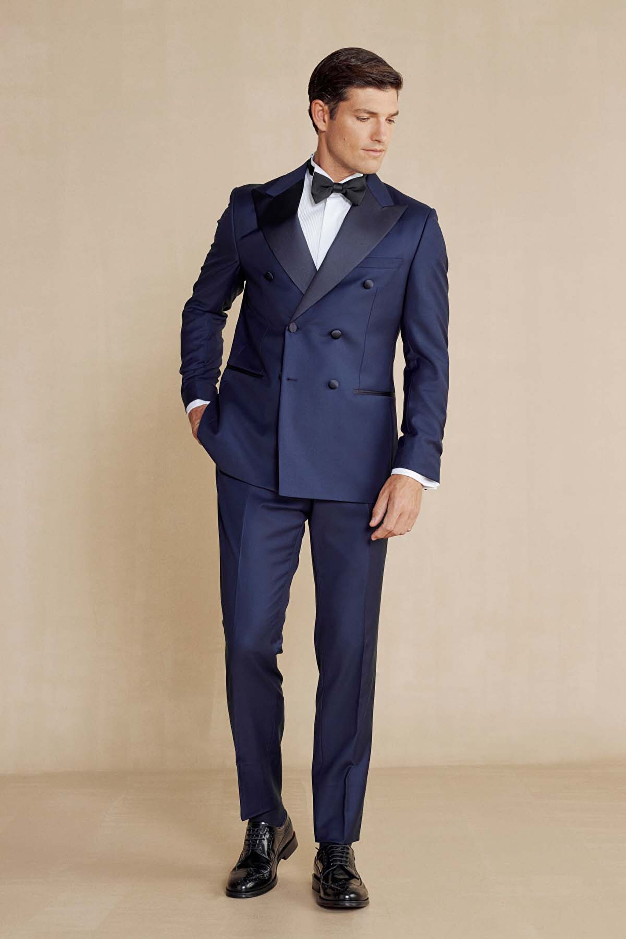 %100 Yün Sivri Yaka Slim Fit Kruvaze Limited Edition Smokin - Lacivert