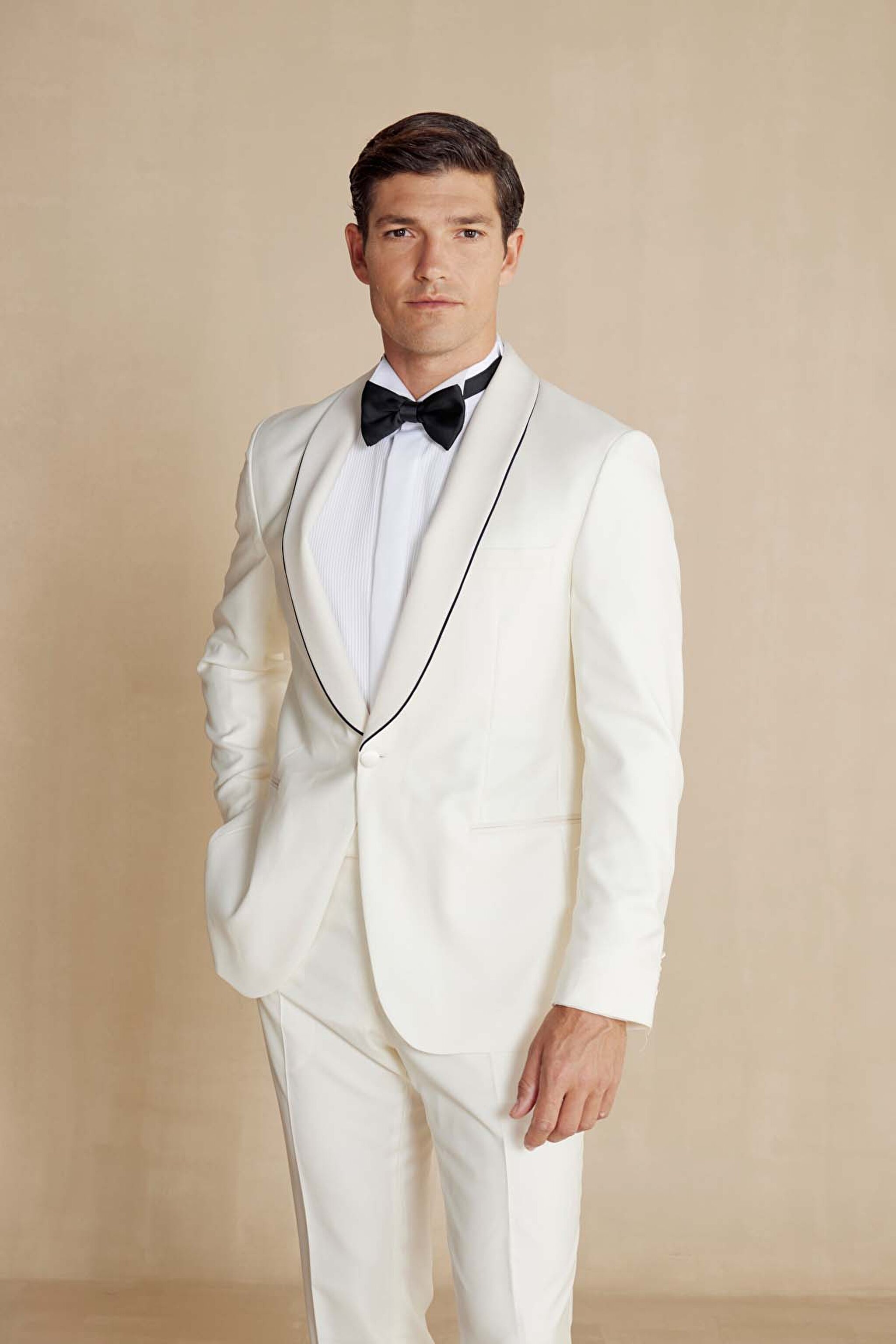%100 Yün Şal Yaka Slim Fit Limited Edition Smokin - Kırık Beyaz