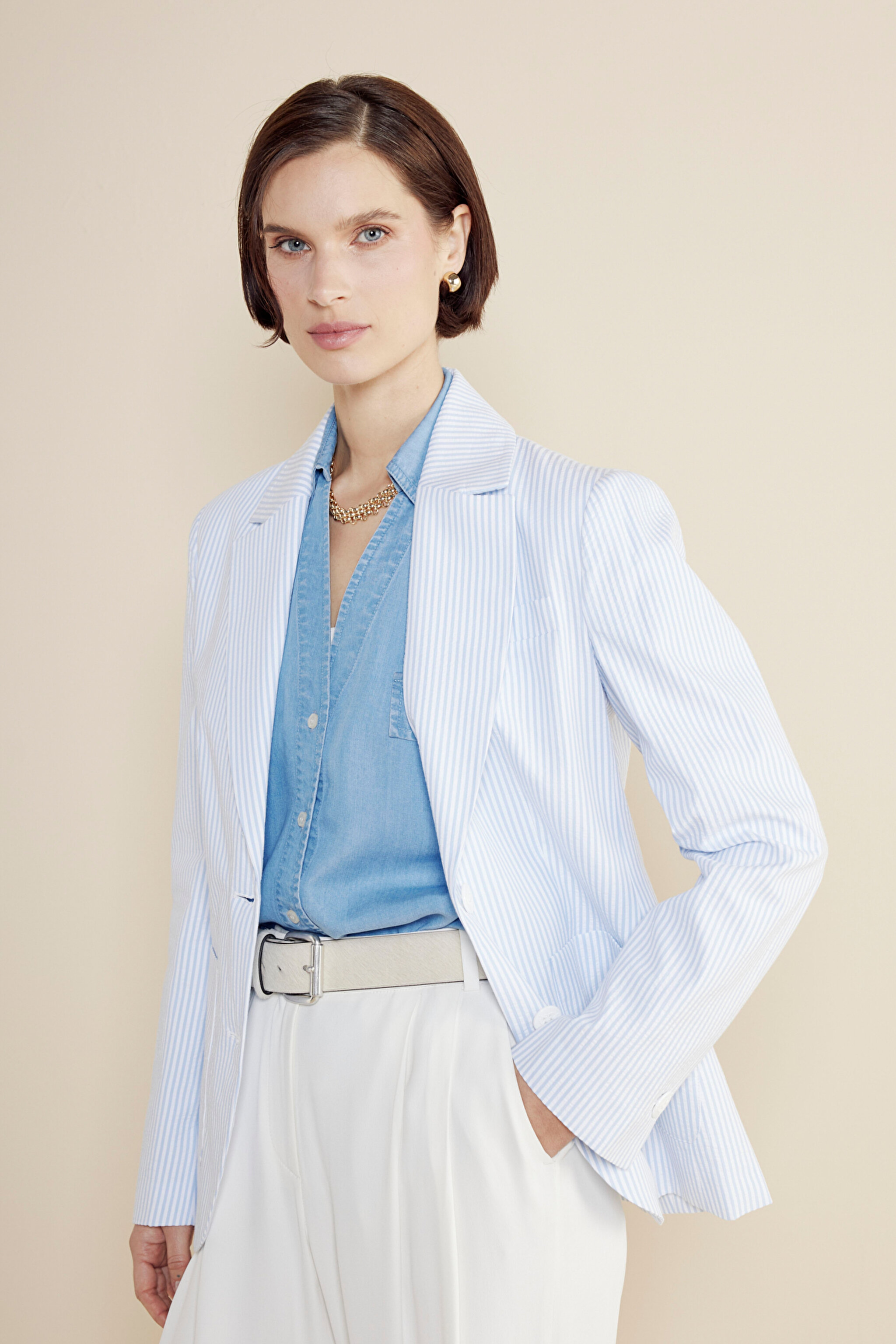 %100 Pamuk Mono Kapama Çizgili Gofre Slim Fit Blazer Ceket - Mavi Çizgili