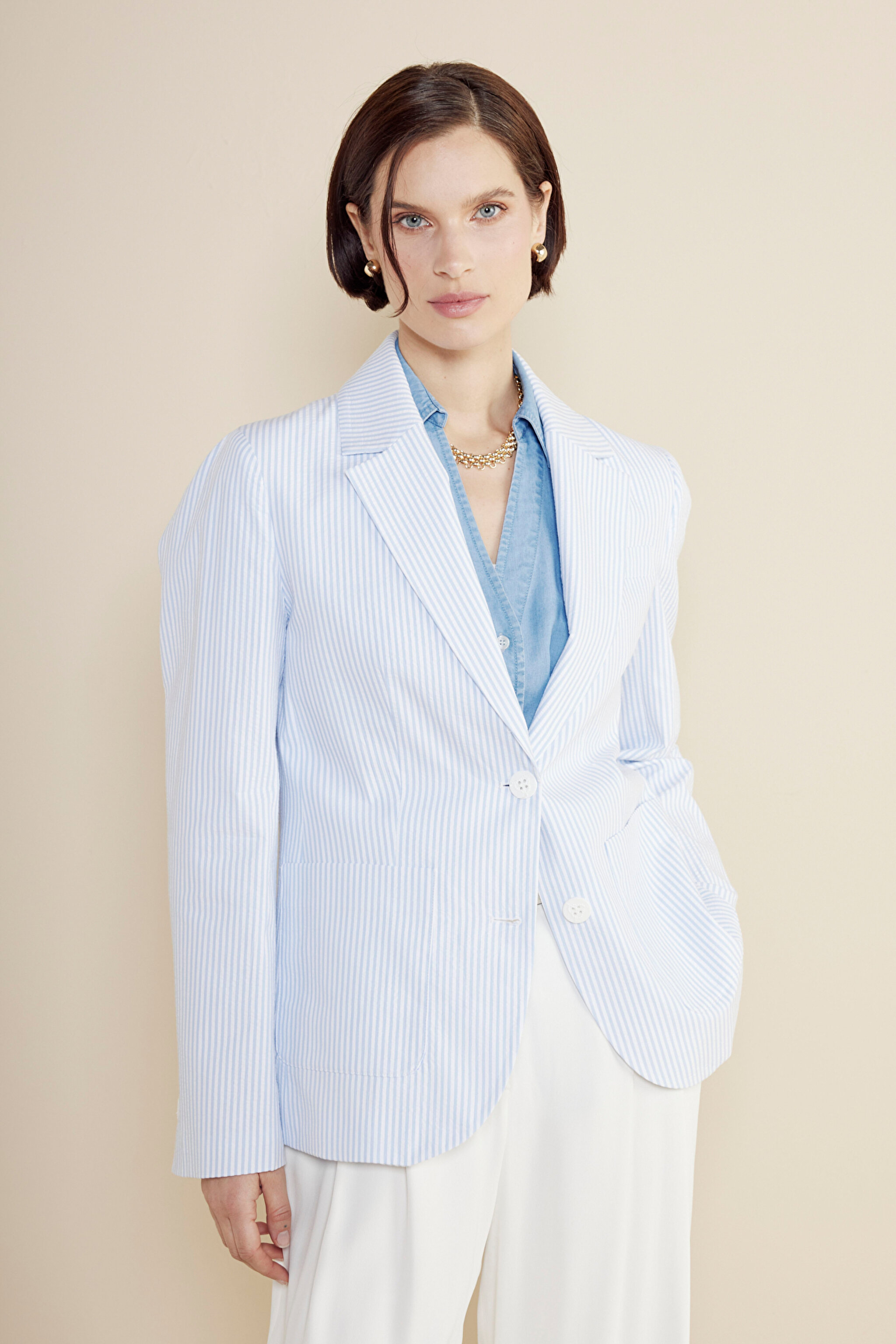 %100 Pamuk Mono Kapama Çizgili Gofre Slim Fit Blazer Ceket - Mavi Çizgili (görsel 2)