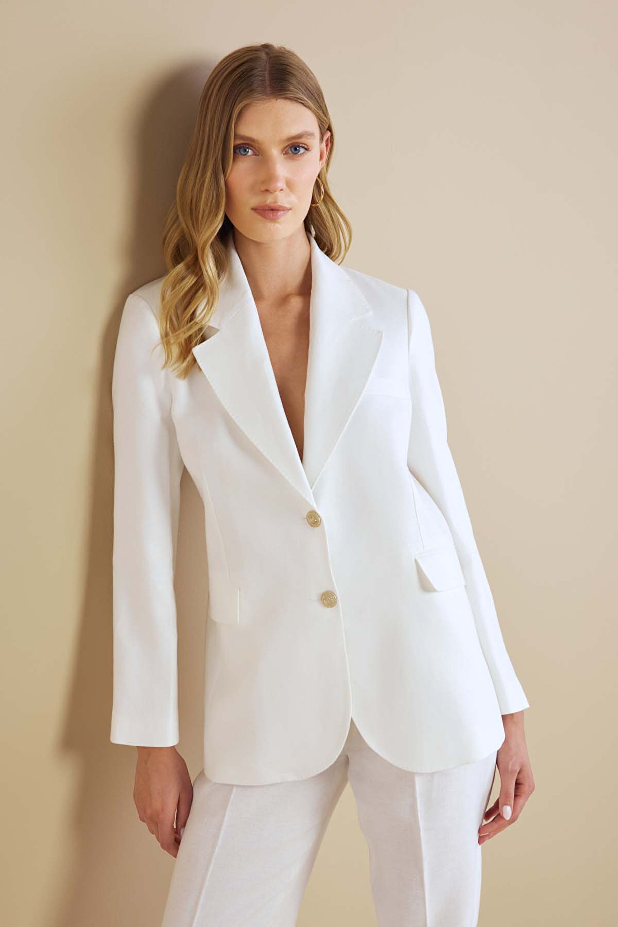 %100 Keten Metal Düğmeli Mono Blazer - Ekru