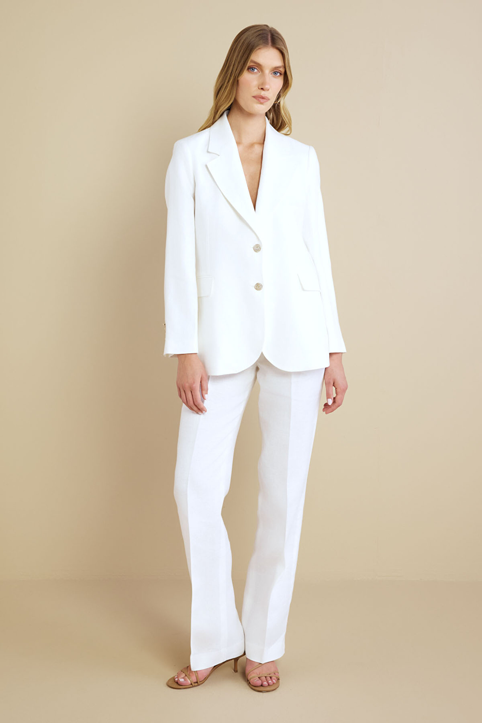 %100 Keten Metal Düğmeli Mono Blazer - Ekru (görsel 7)