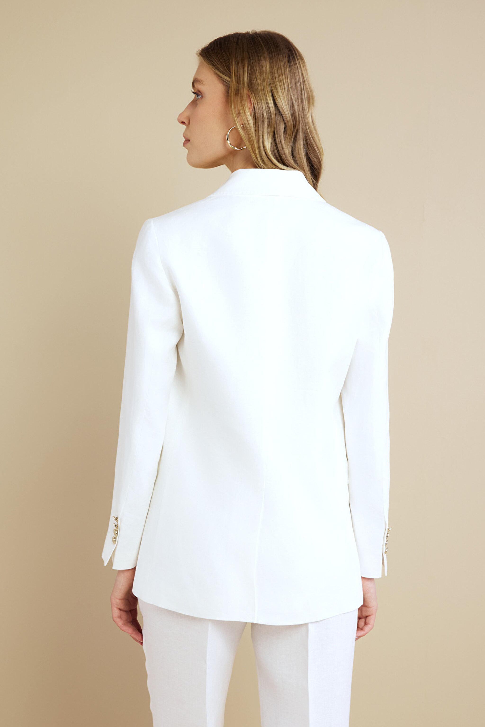 %100 Keten Metal Düğmeli Mono Blazer - Ekru (görsel 8)