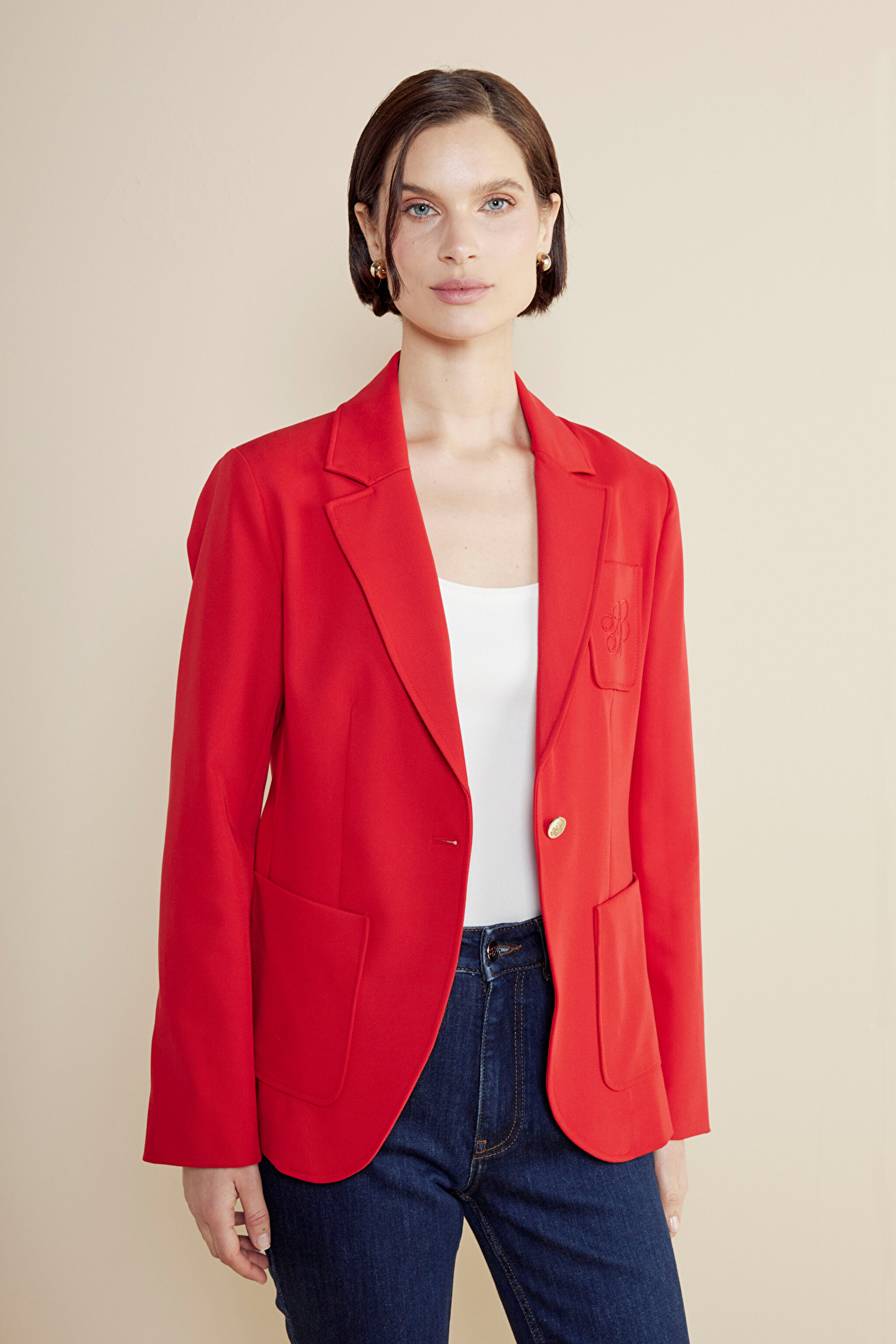 Nakış Detaylı Yarım Astar Mono Kapama Slim Fit Blazer Ceket - Kırmızı