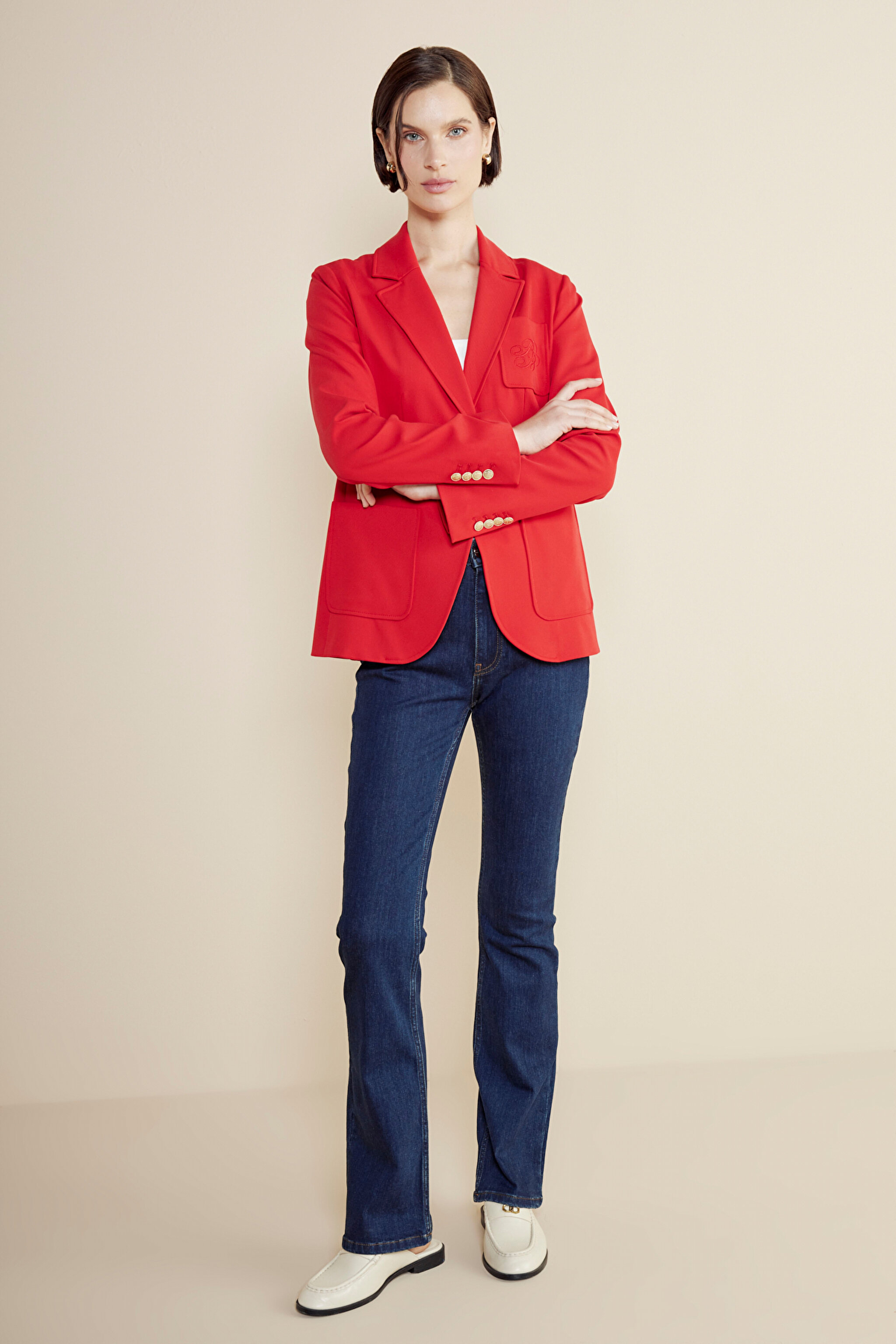 Nakış Detaylı Yarım Astar Mono Kapama Slim Fit Blazer Ceket - Kırmızı (görsel 3)