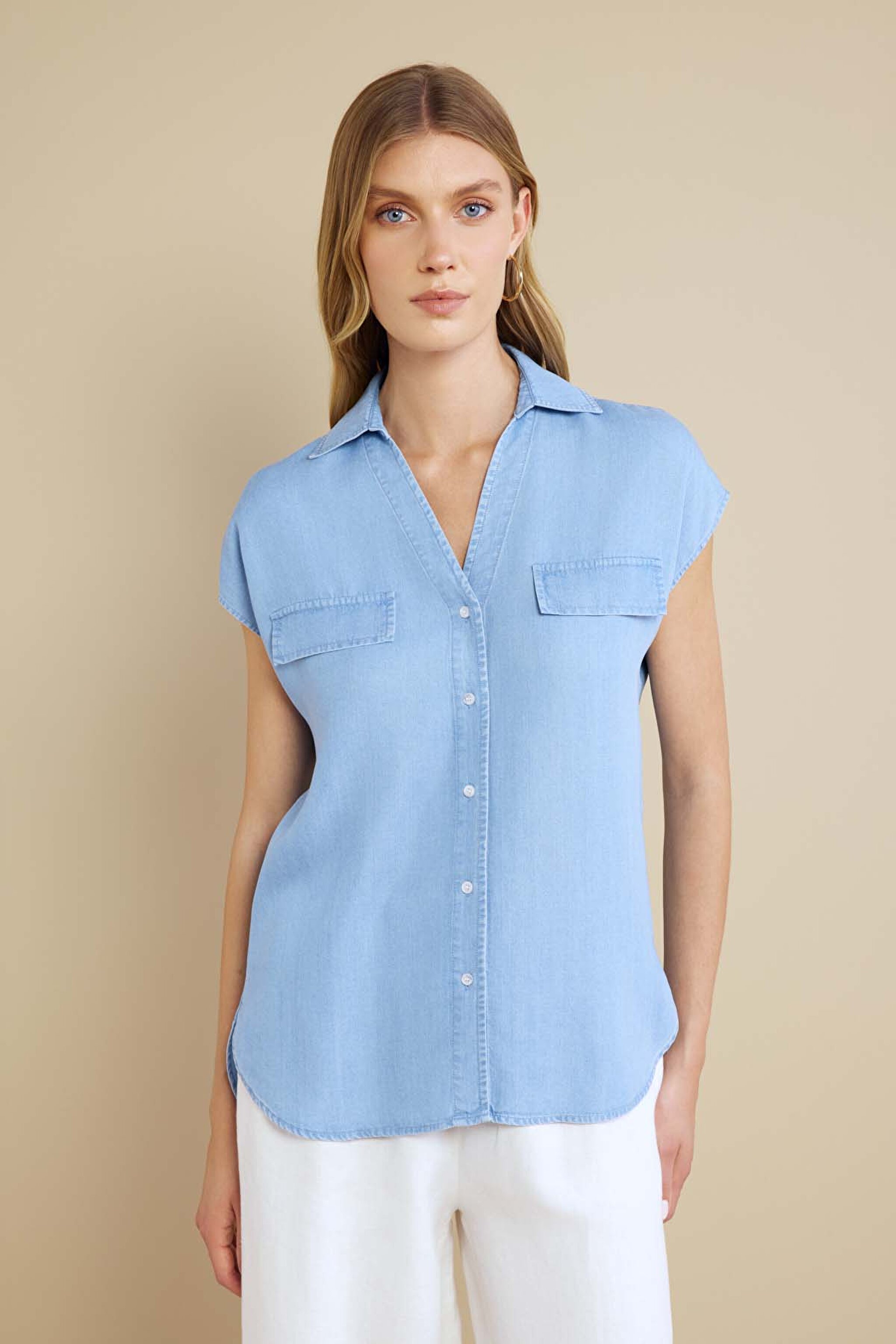 %100 Lyocell Kaçık Yaka Kısa Kol Denim Gömlek - Açık Mavi (görsel 2)