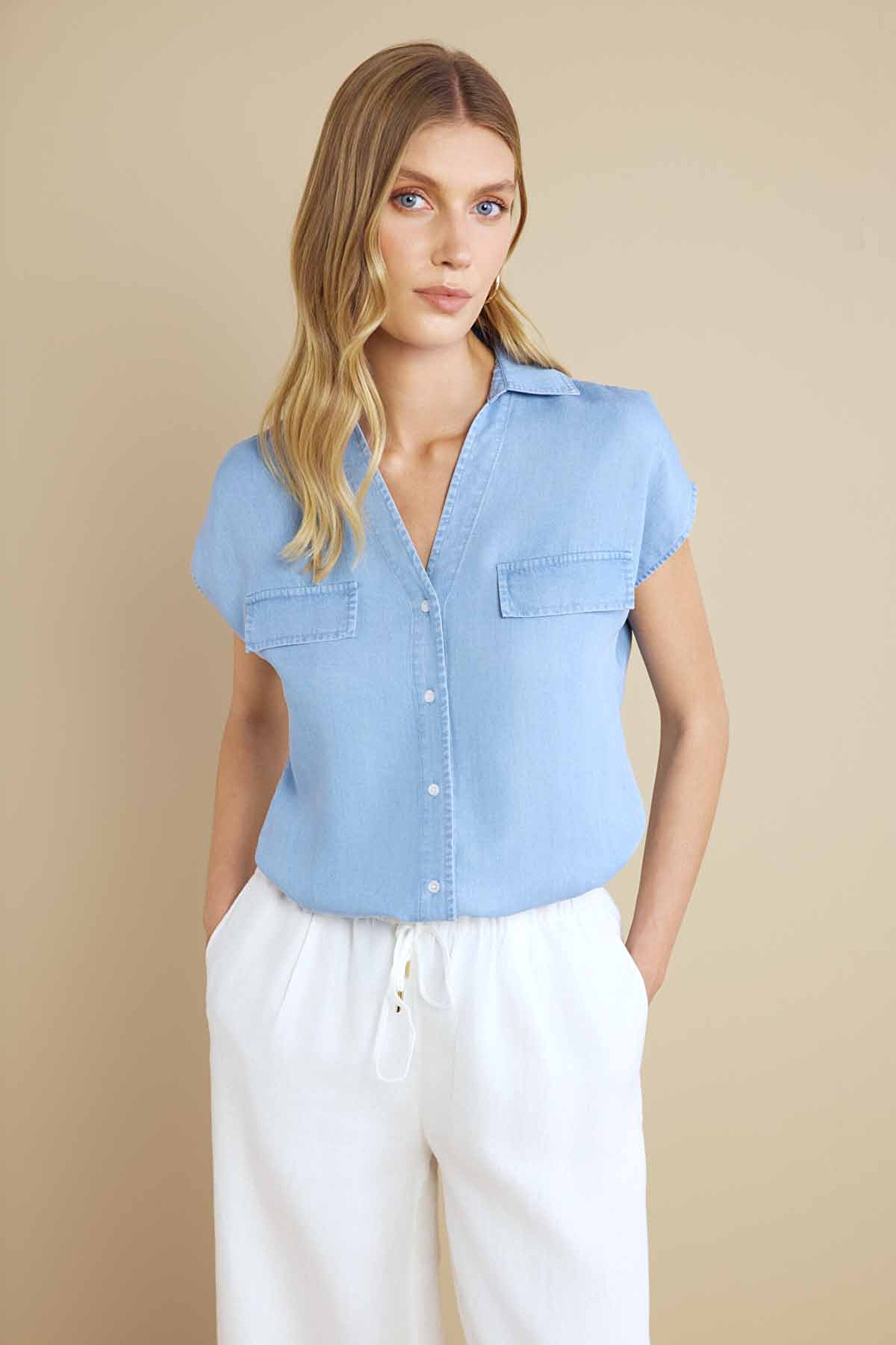%100 Lyocell Kaçık Yaka Kısa Kol Denim Gömlek - Açık Mavi (görsel 3)