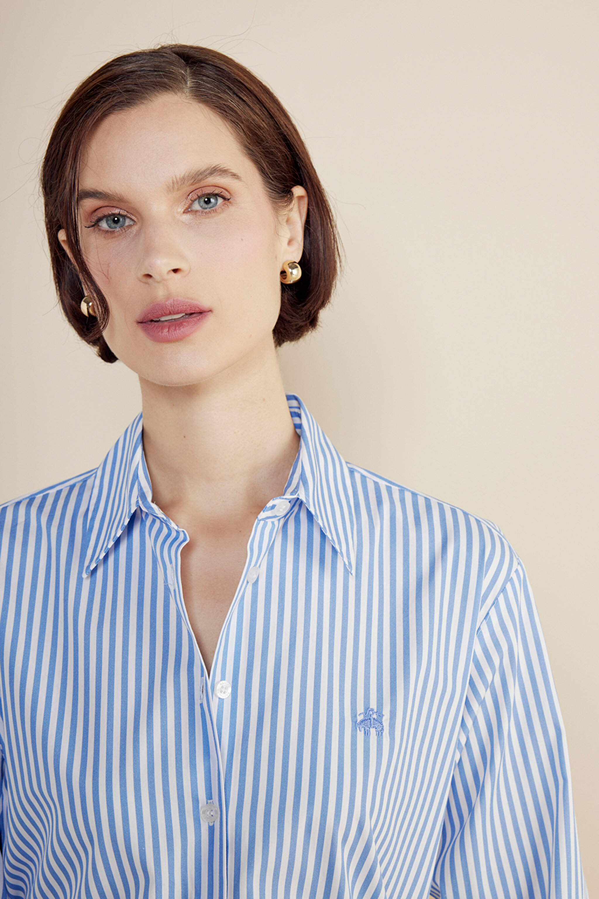 %100 Pamuk Nakış Detaylı Çizgili Gömlek - Mavi-Beyaz Çizgili (görsel 4)