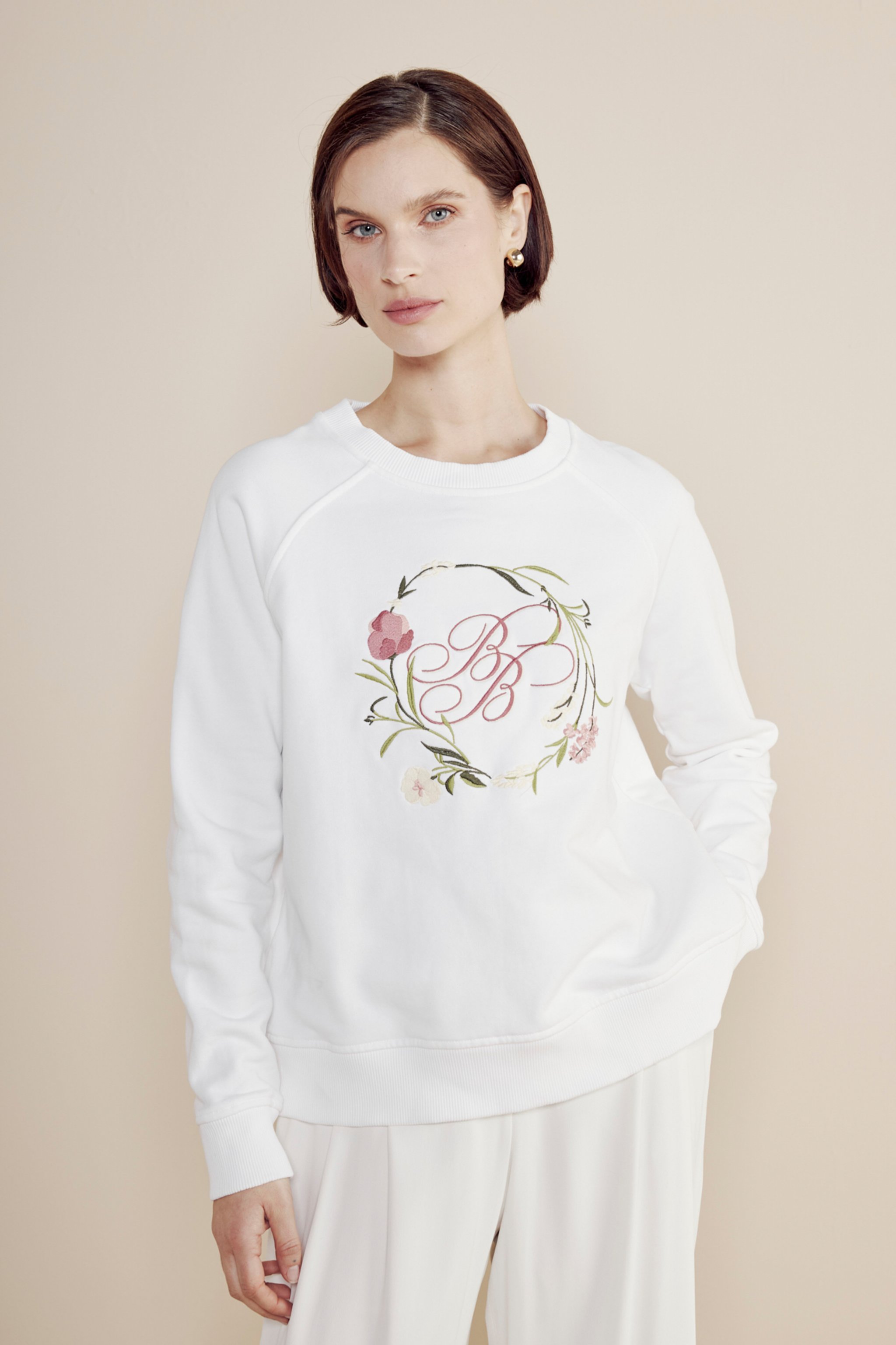 %100 Pamuk Çiçek Nakış Detaylı Sweatshirt - Kırık Beyaz