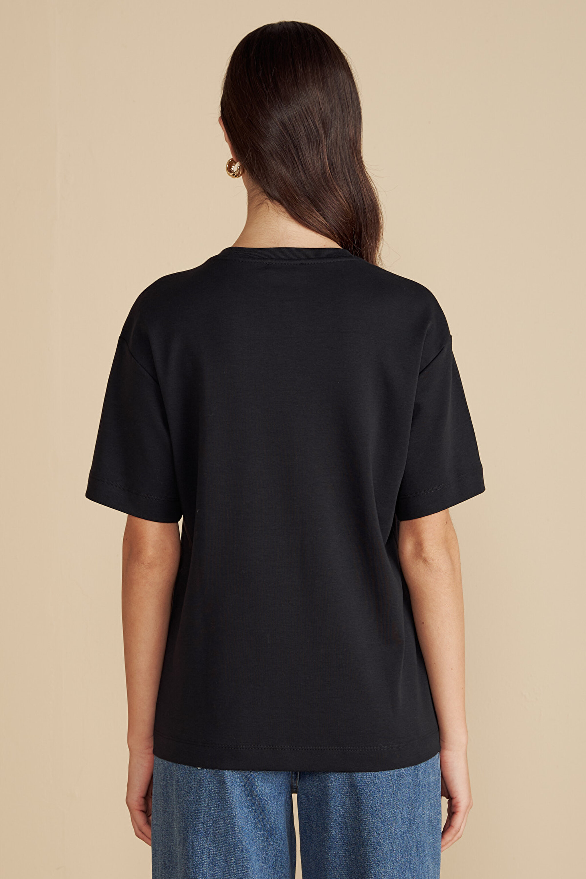 %100 Pamuk Bisiklet Yaka Oversize Tişört - Siyah (görsel 5)
