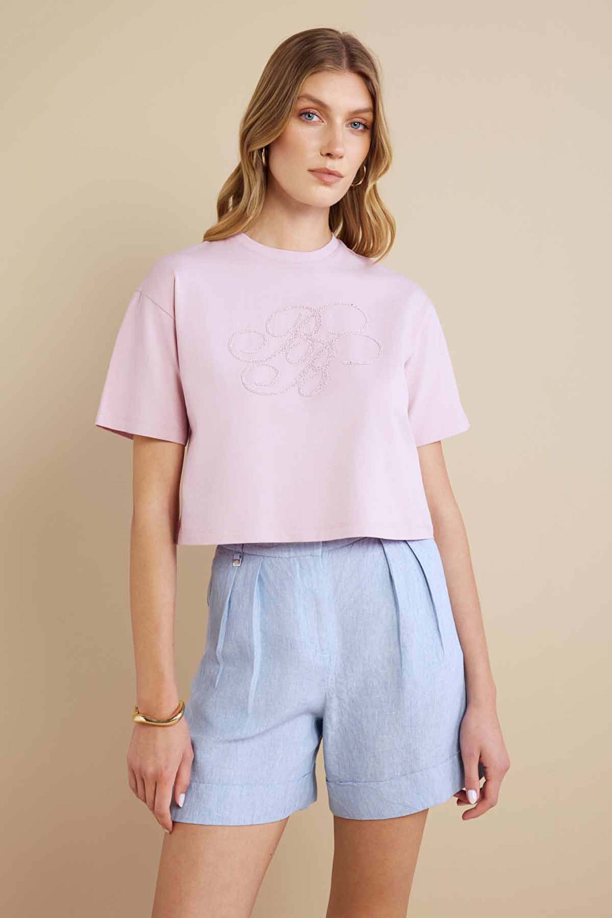 Pamuk Karışımlı Bisiklet Yaka Kısa Kol Havyar Baskılı T-shirt - Pembe (görsel 3)