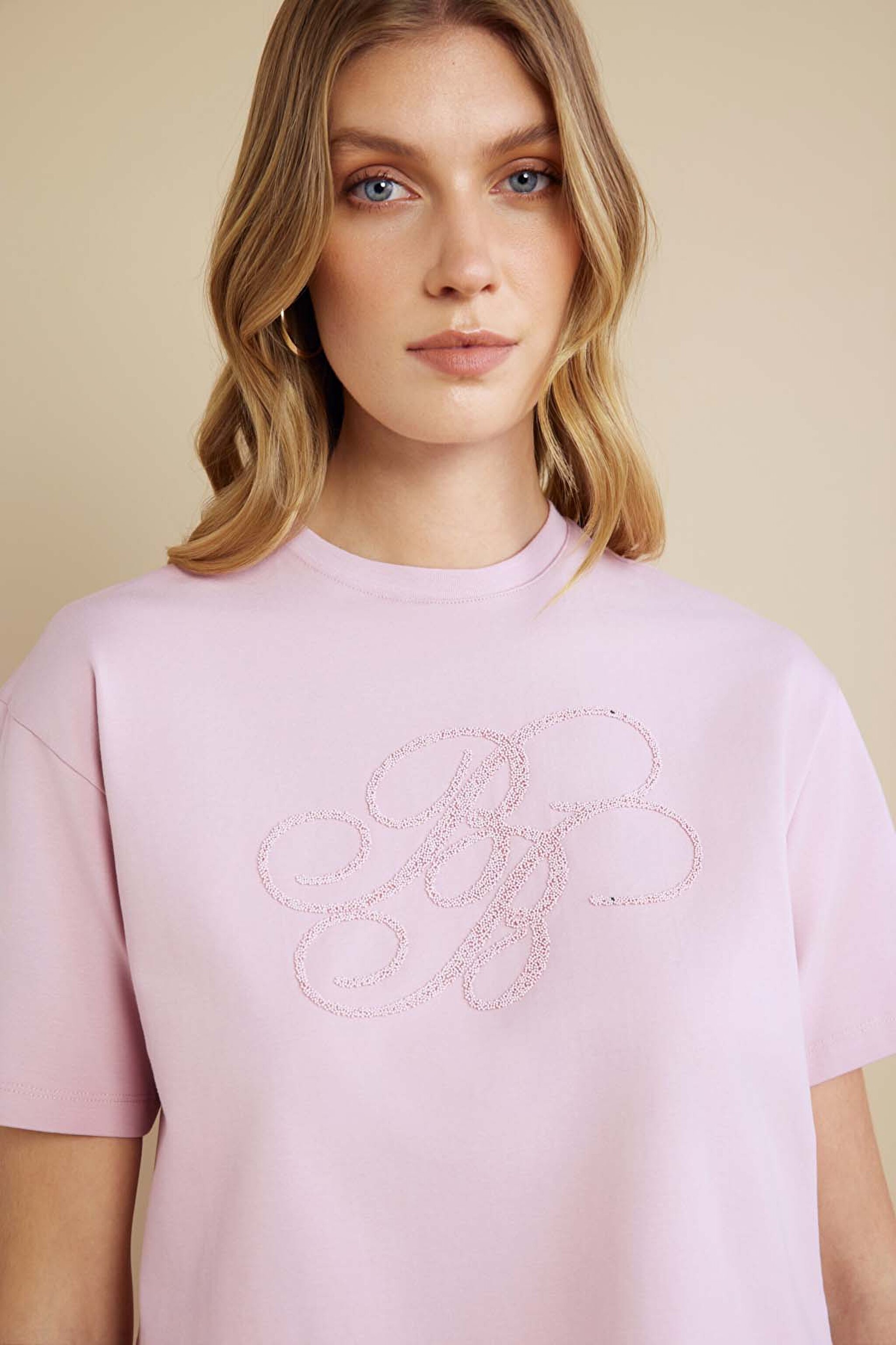 Pamuk Karışımlı Bisiklet Yaka Kısa Kol Havyar Baskılı T-shirt - Pembe (görsel 6)