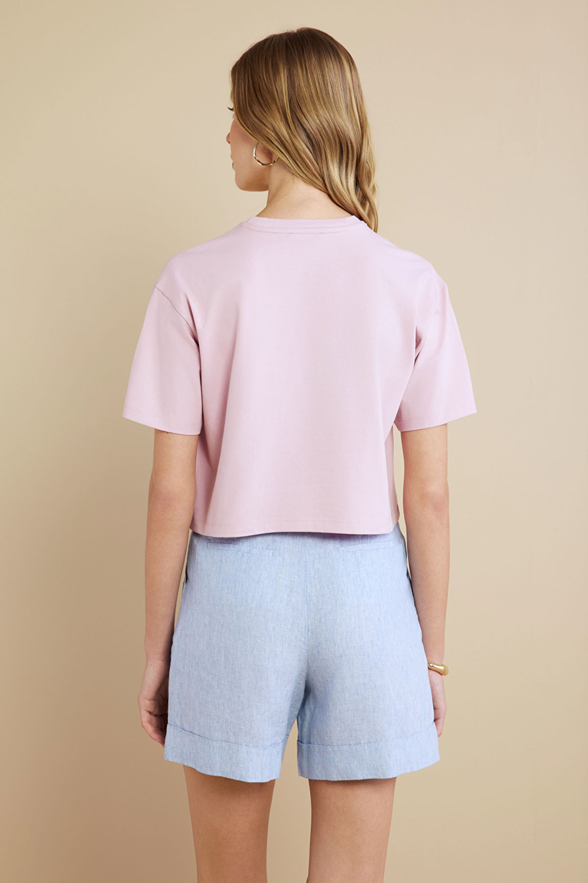 Pamuk Karışımlı Bisiklet Yaka Kısa Kol Havyar Baskılı T-shirt - Pembe (görsel 7)