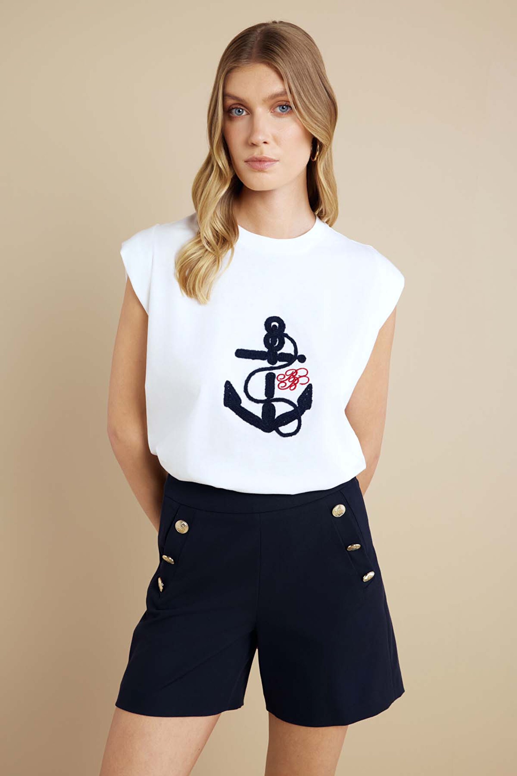 %100 Pamuk Bisiklet Yaka Çapa Nakışlı T-shirt - Kırık Beyaz (görsel 2)