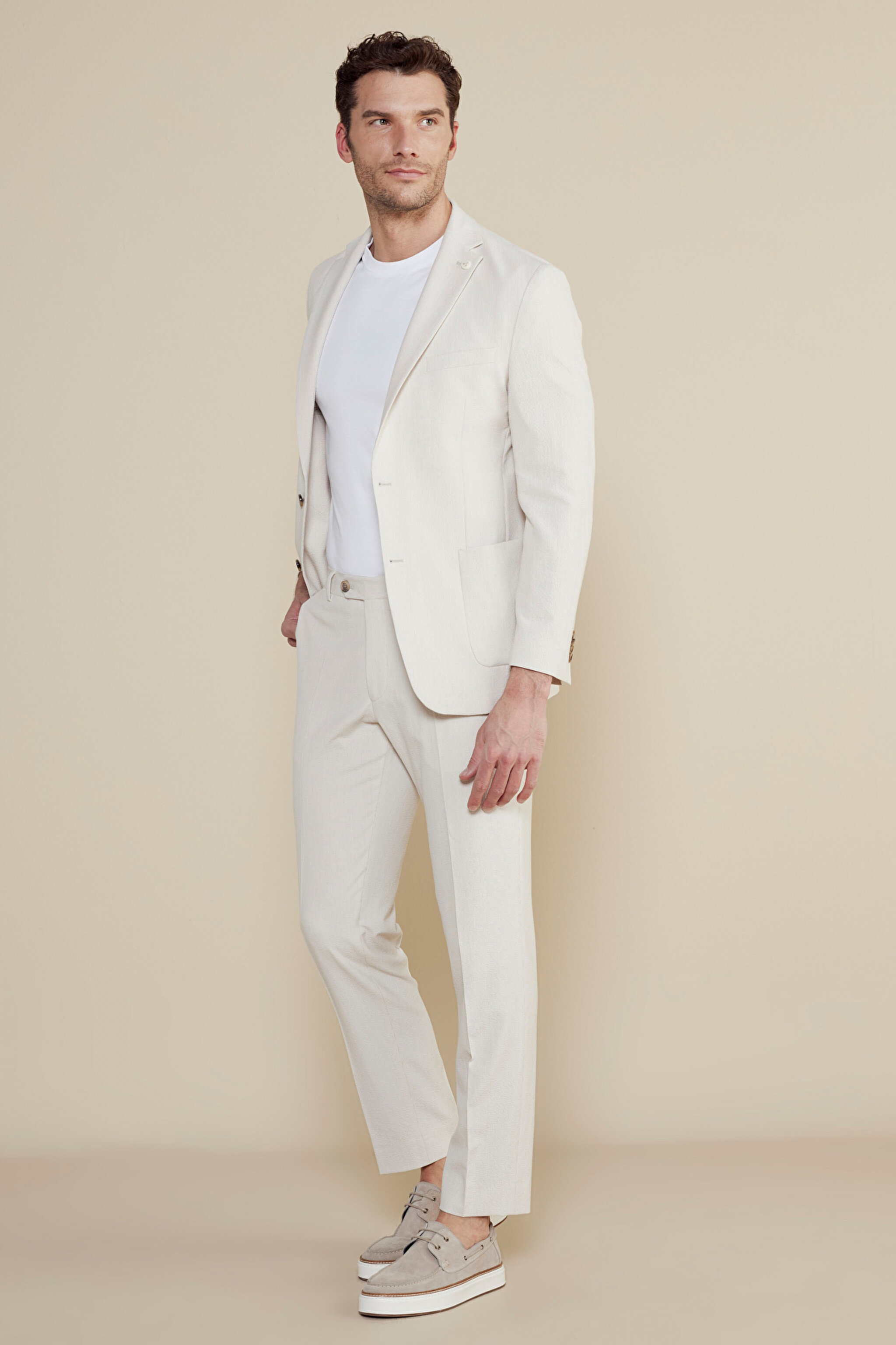 Mono Yaka Slim Fit Torba Cep Gofre Ceket - Bej Çizgili (görsel 2)