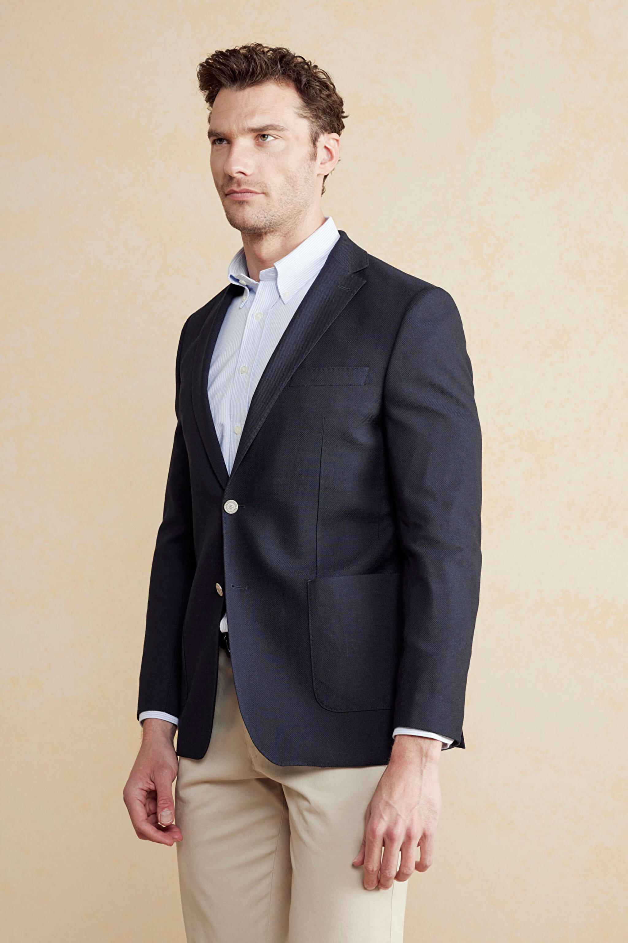 Yün & Pamuk Karışımlı Mono Yaka Torba Cep Slim Fit Ceket - Lacivert (görsel 3)