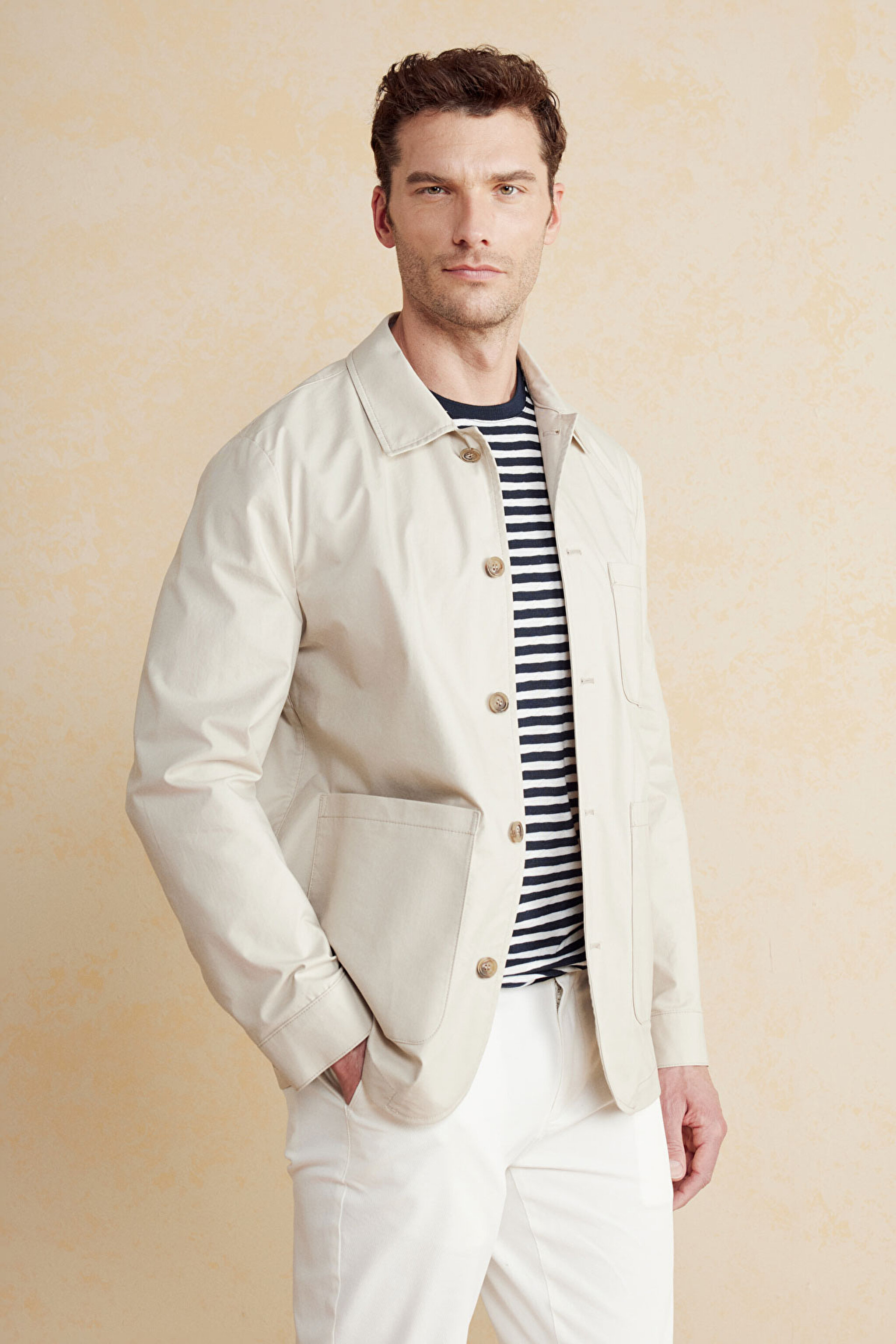 Pamuk Karışımlı Torba Cep Overshirt Ceket - Bej