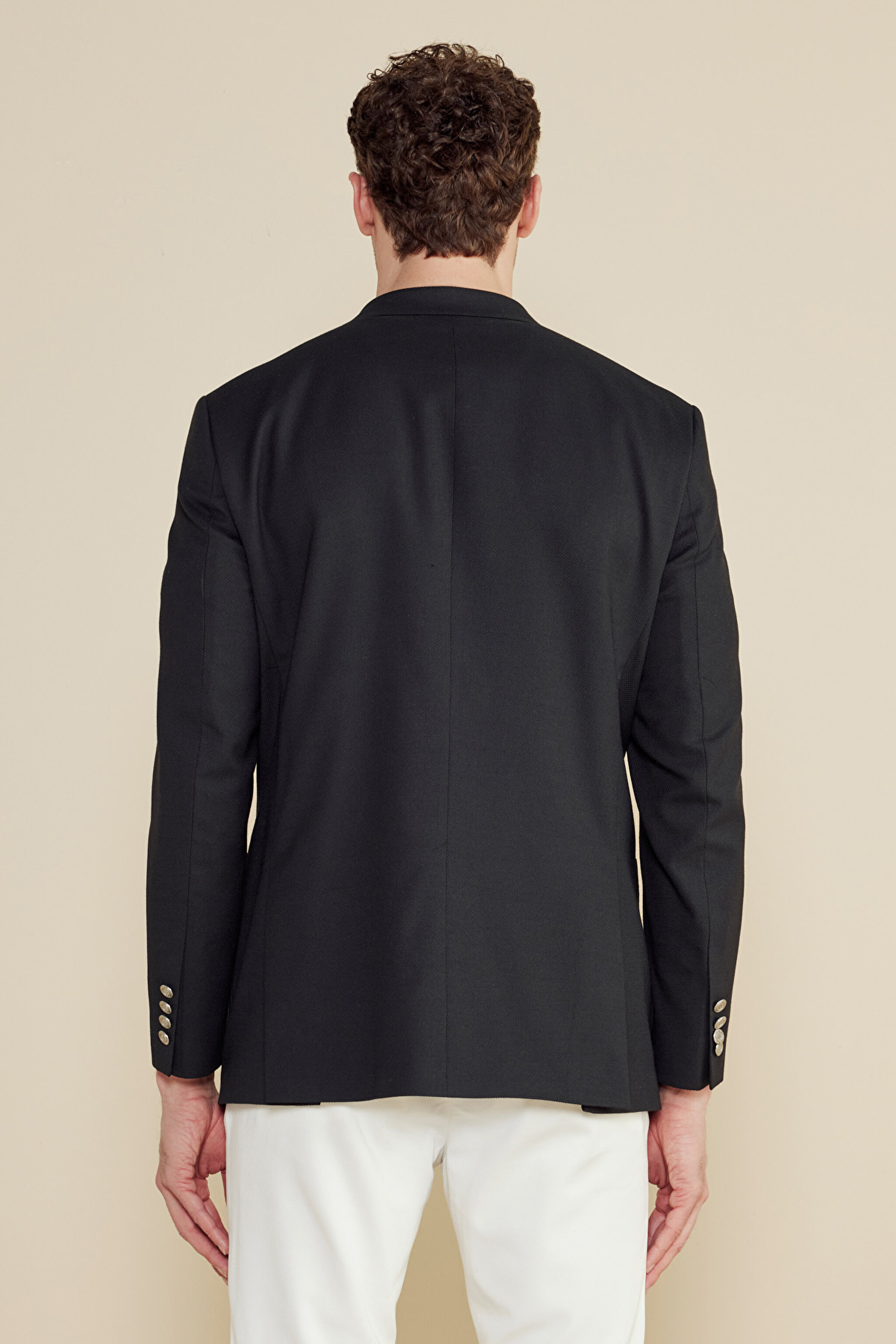 Yün Karışımlı Sivri Yaka Torba Cep Slim Fit Kruvaze Ceket - Siyah (görsel 6)