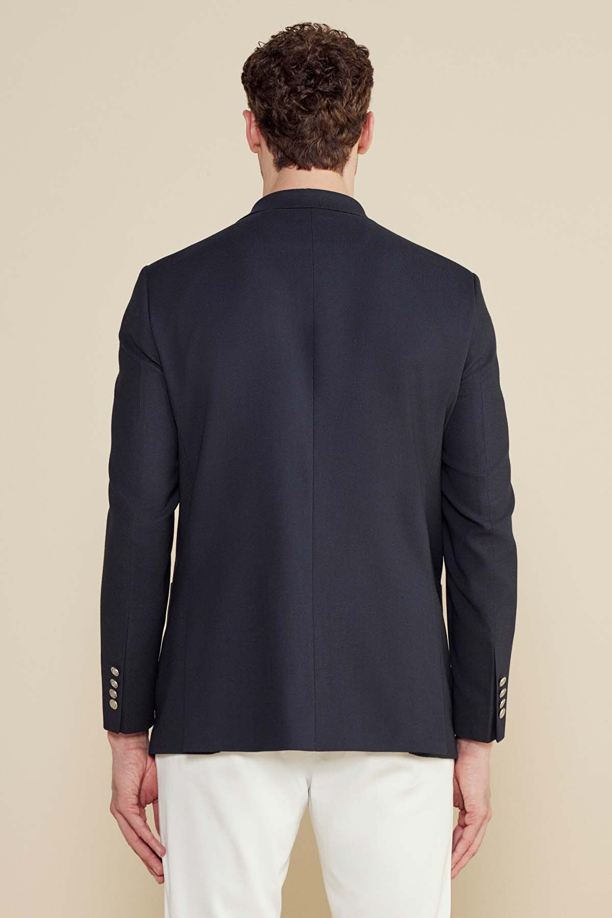 Yün Karışımlı Sivri Yaka Torba Cep Slim Fit Kruvaze Ceket - Lacivert (görsel 5)
