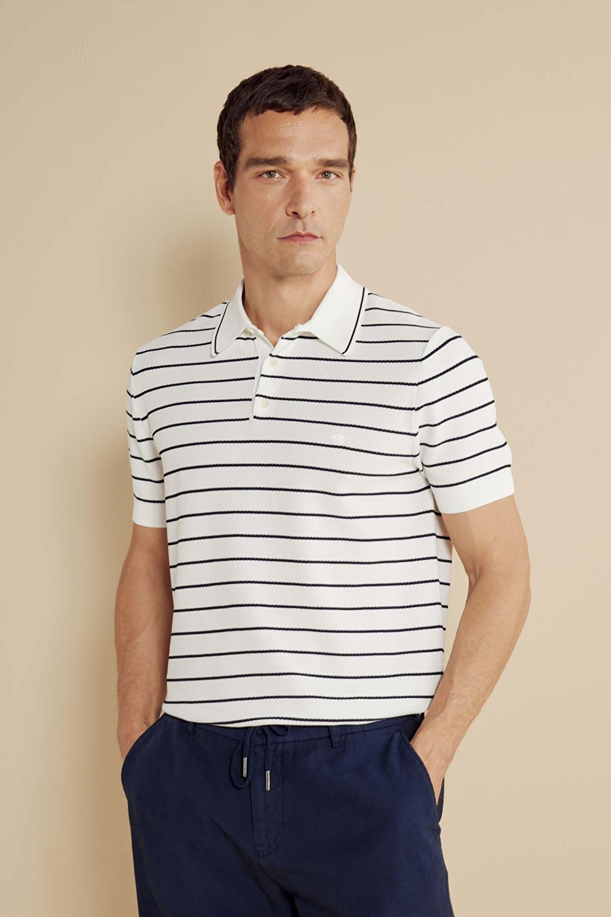 Polo Yaka Çizgili Kısa Kol Rayon Kazak - Kırık Beyaz-Lacivert