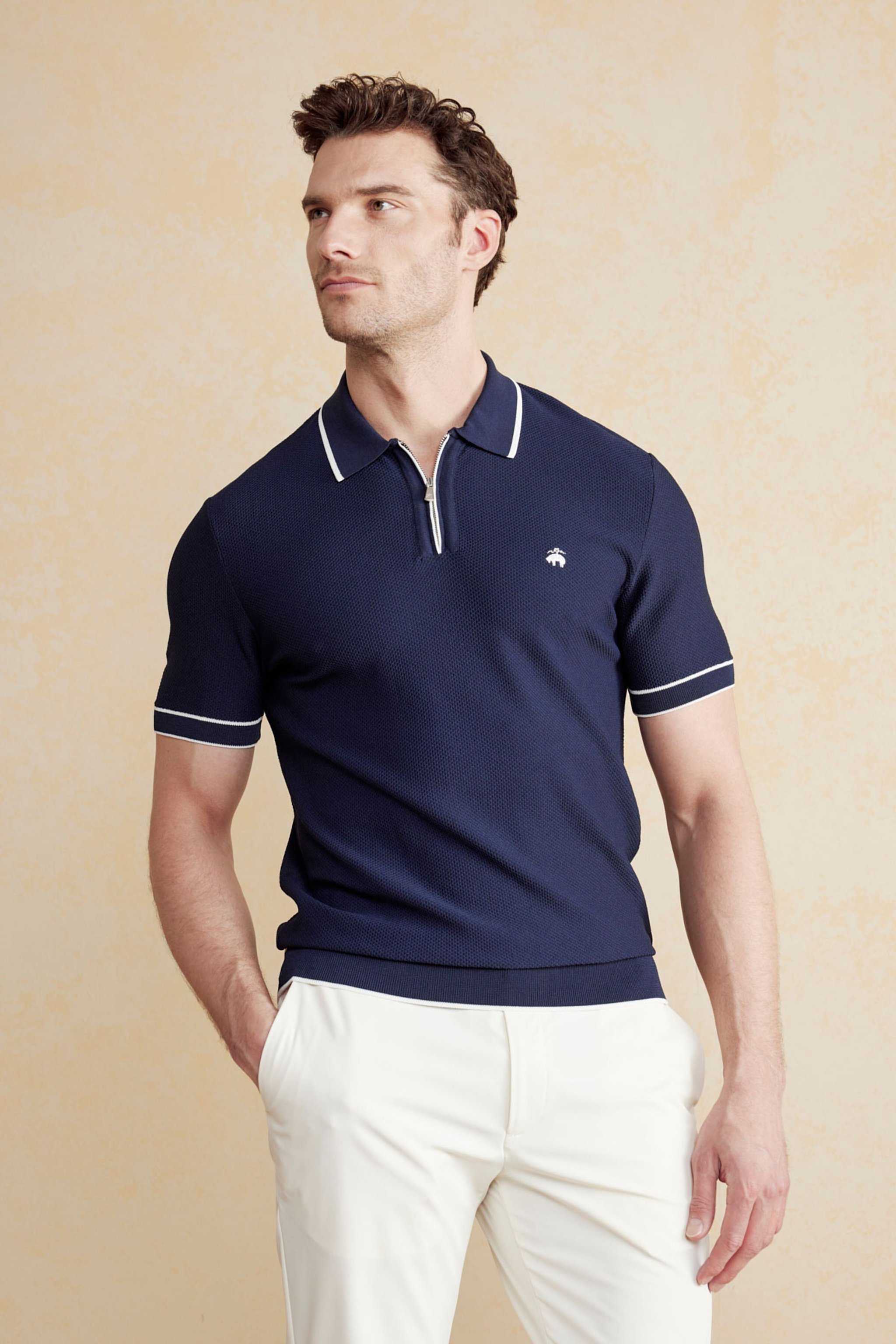 Polo Yaka Fermuar Detaylı Petek Örgü Rayon Kazak - Lacivert-Kırık Beyaz