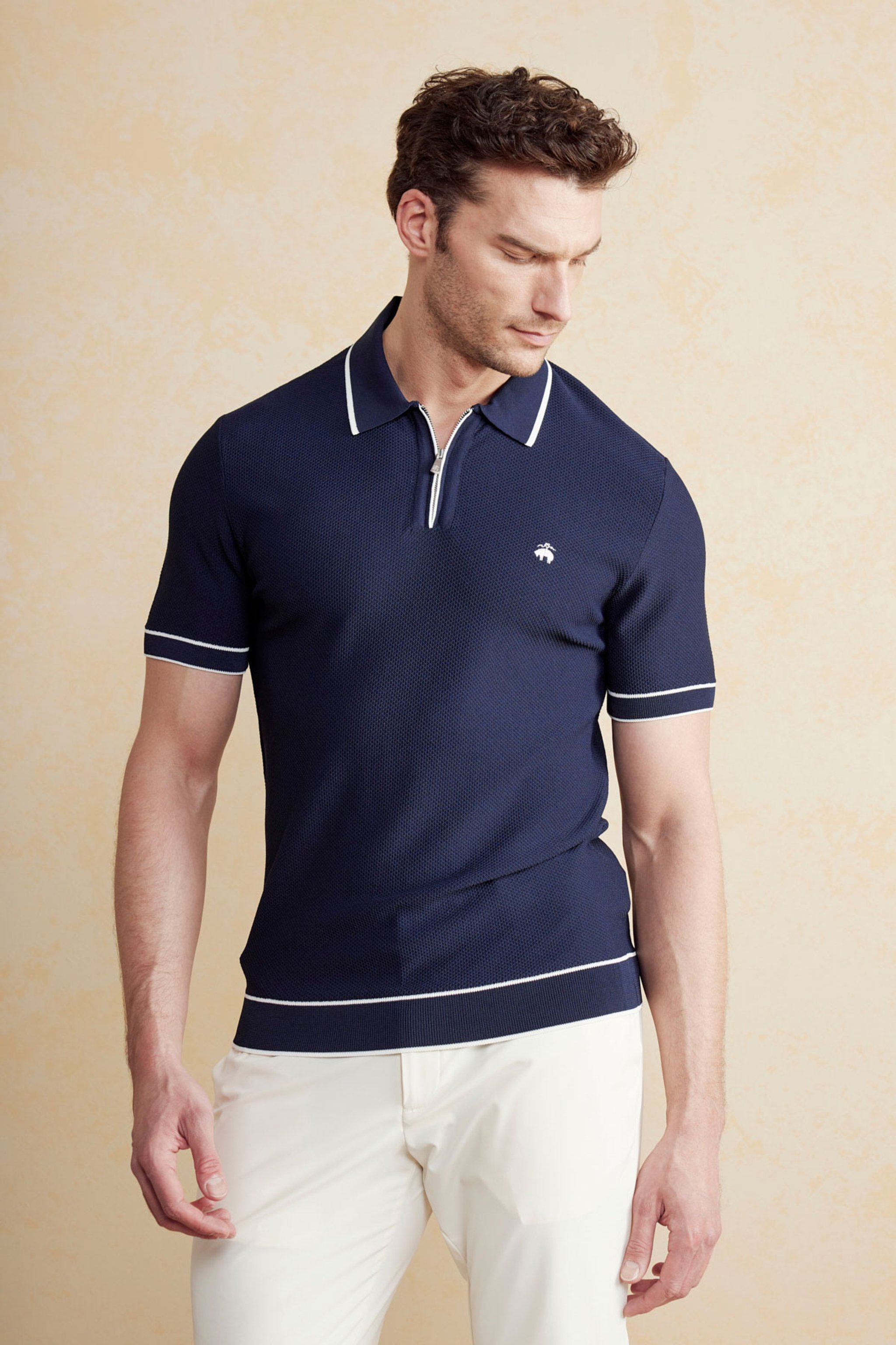 Polo Yaka Fermuar Detaylı Petek Örgü Rayon Kazak - Lacivert-Kırık Beyaz (görsel 2)